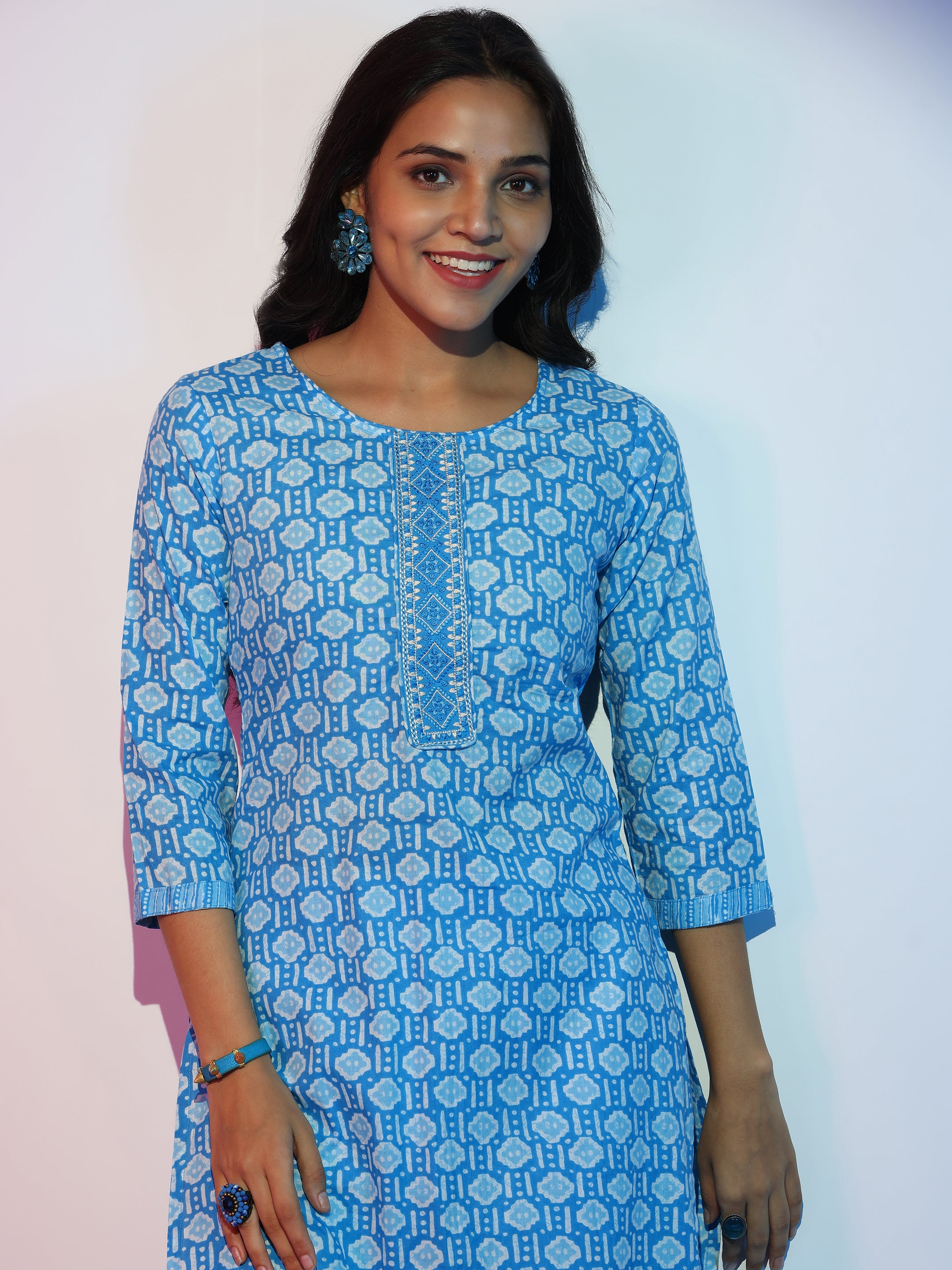 Blue Printed Cotton Straight Suit With Dupatta