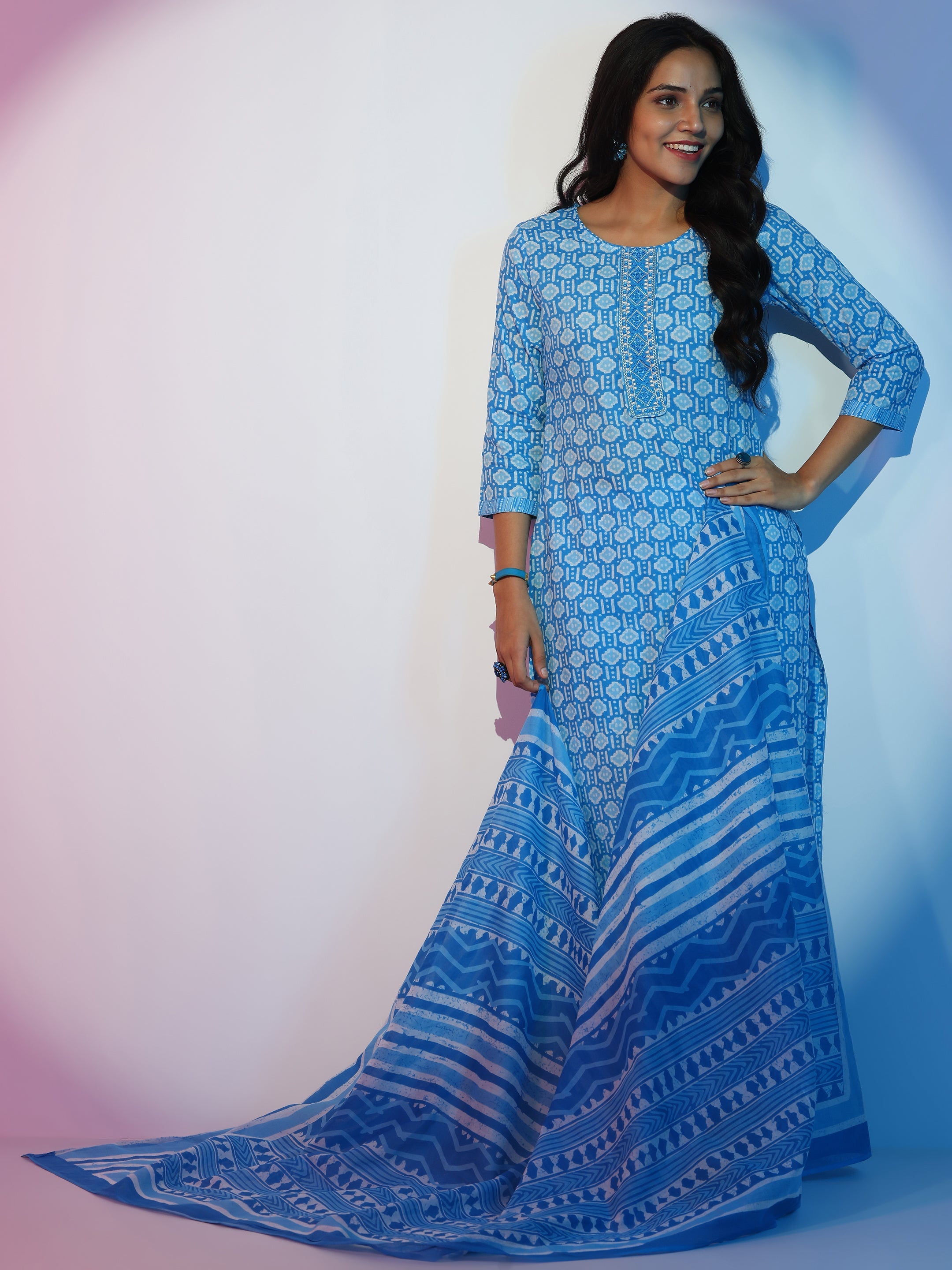 Blue Printed Cotton Straight Suit With Dupatta