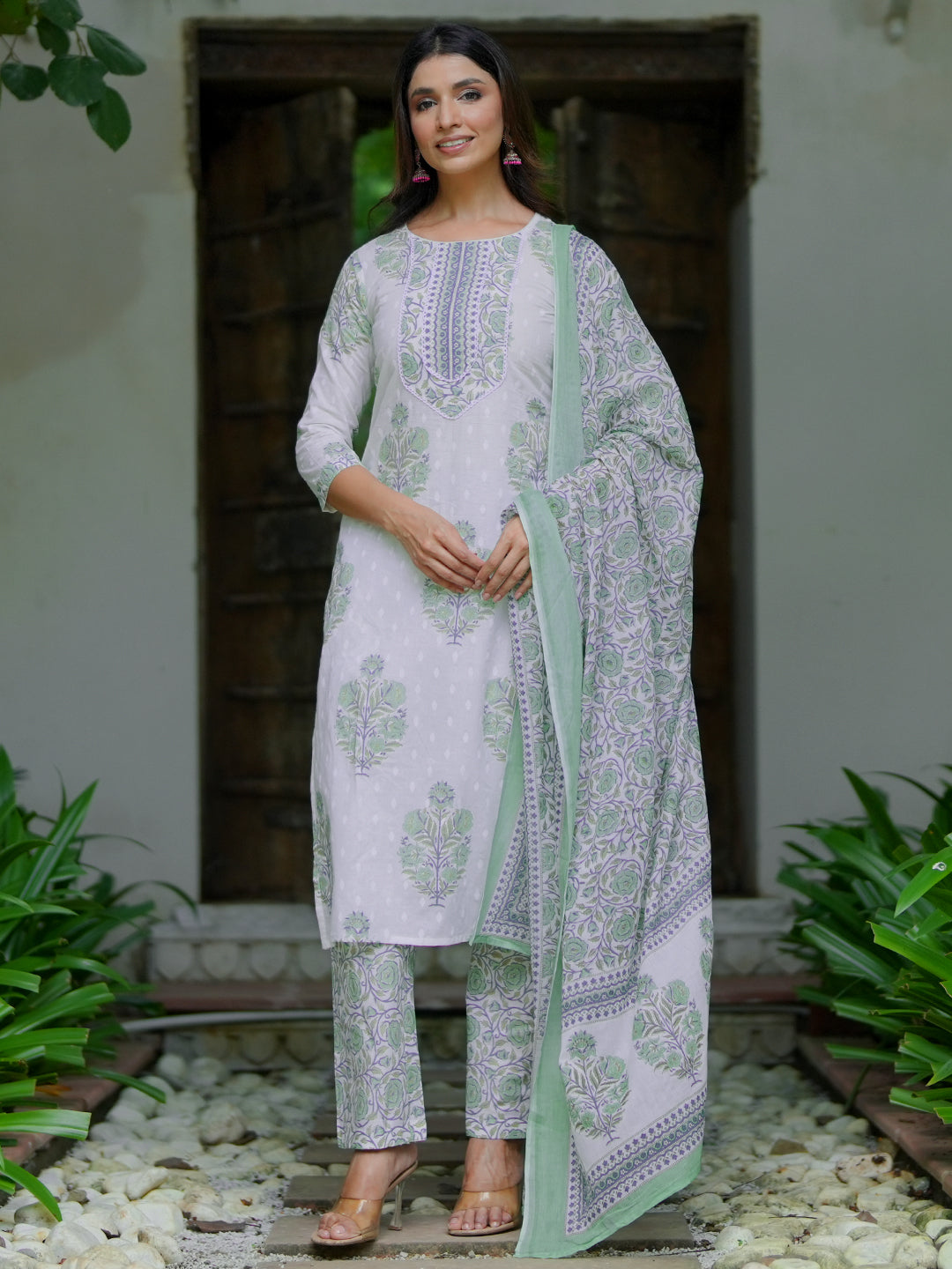 Off White Printed Cotton Straight Suit With Dupatta