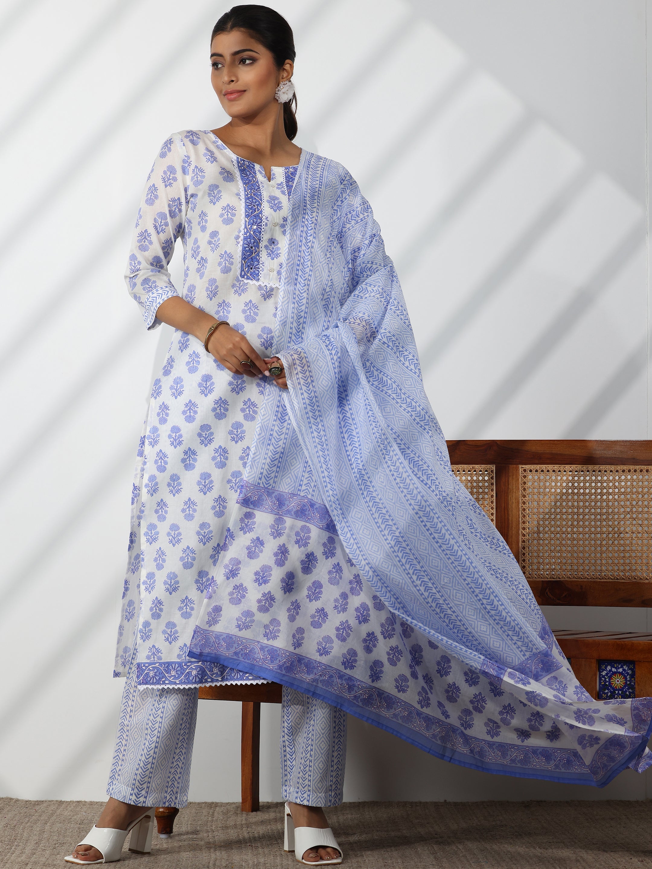 Off White Printed Cotton Straight Suit With Dupatta