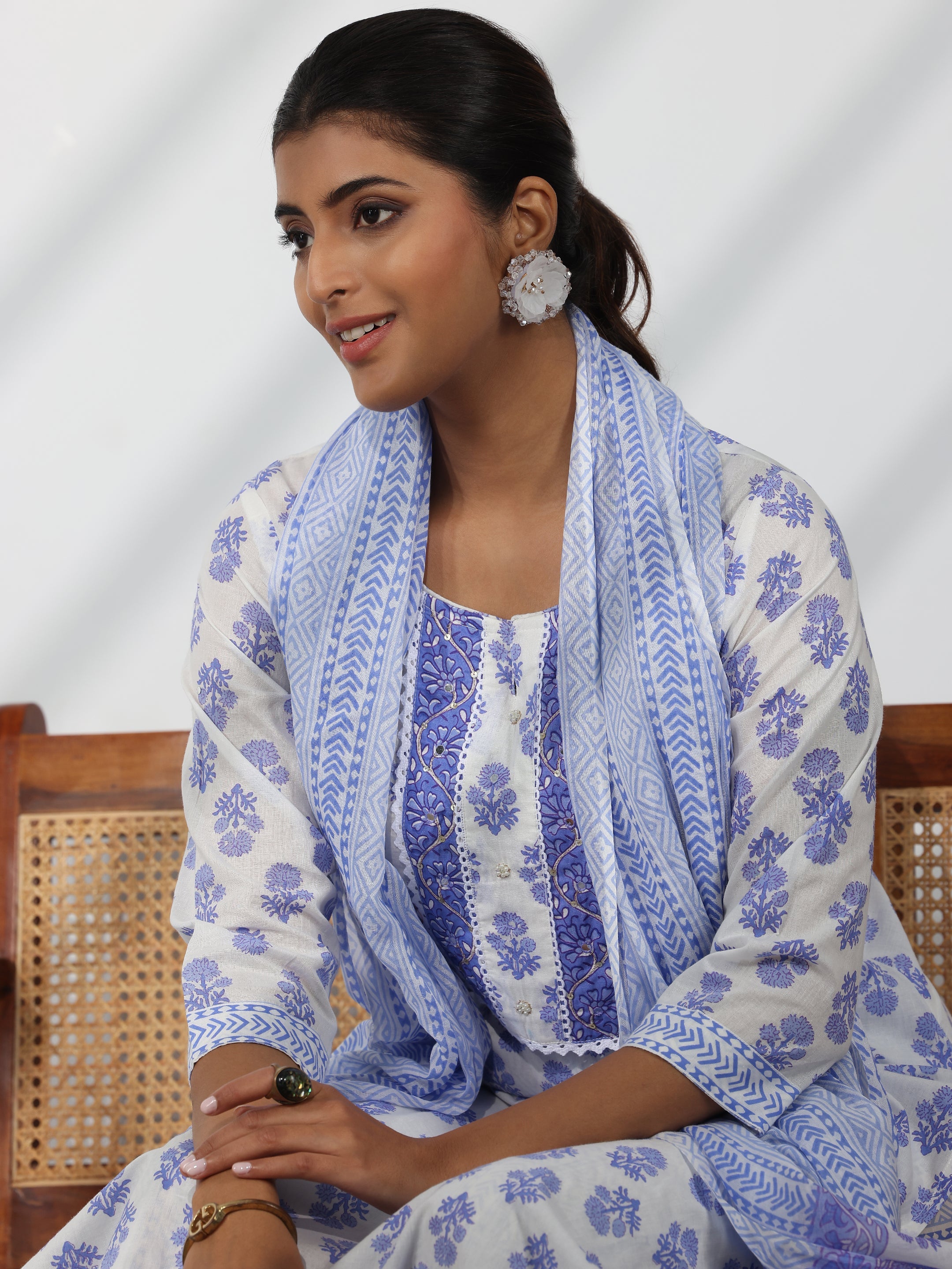 Off White Printed Cotton Straight Suit With Dupatta