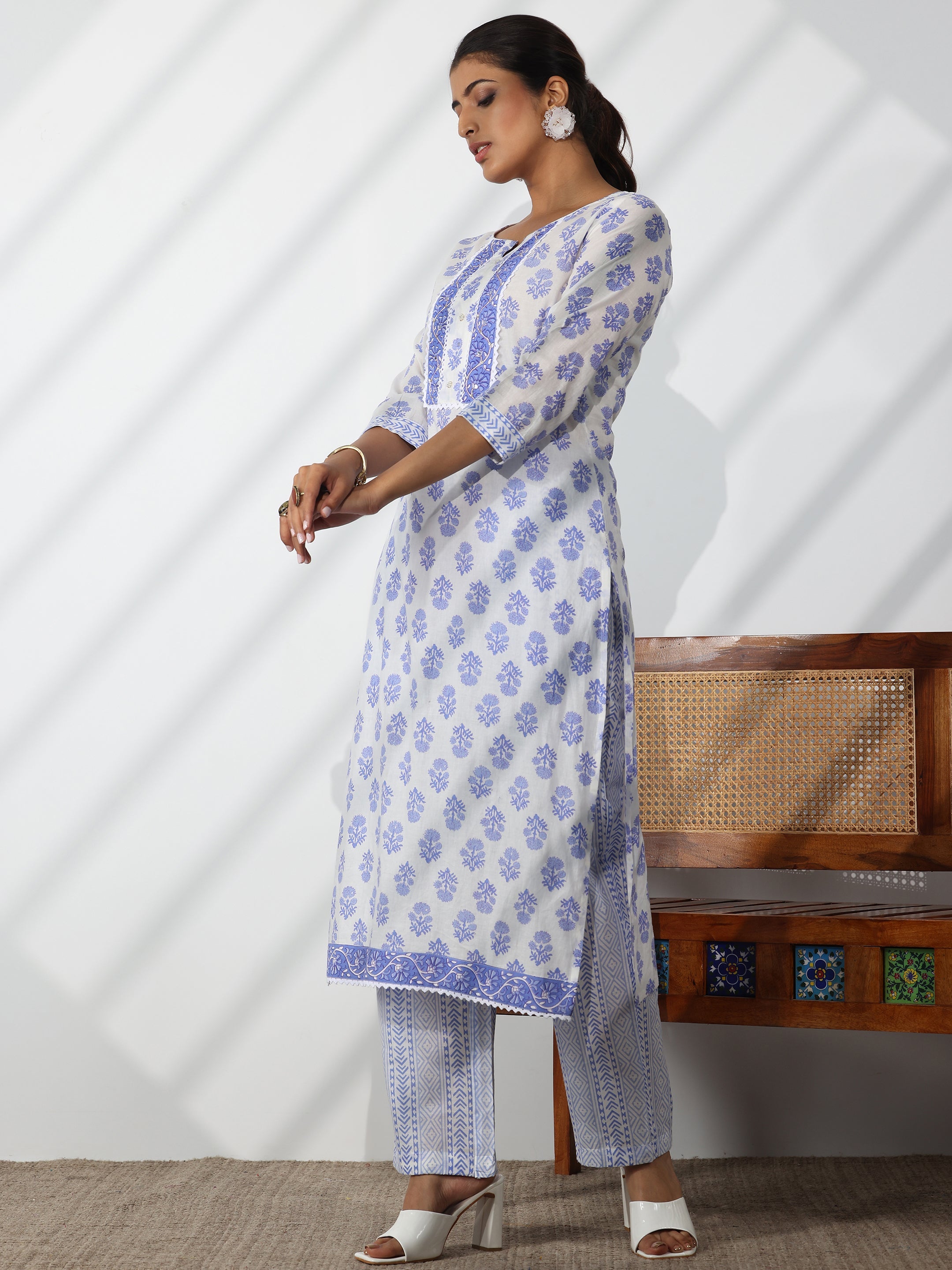 Off White Printed Cotton Straight Suit With Dupatta