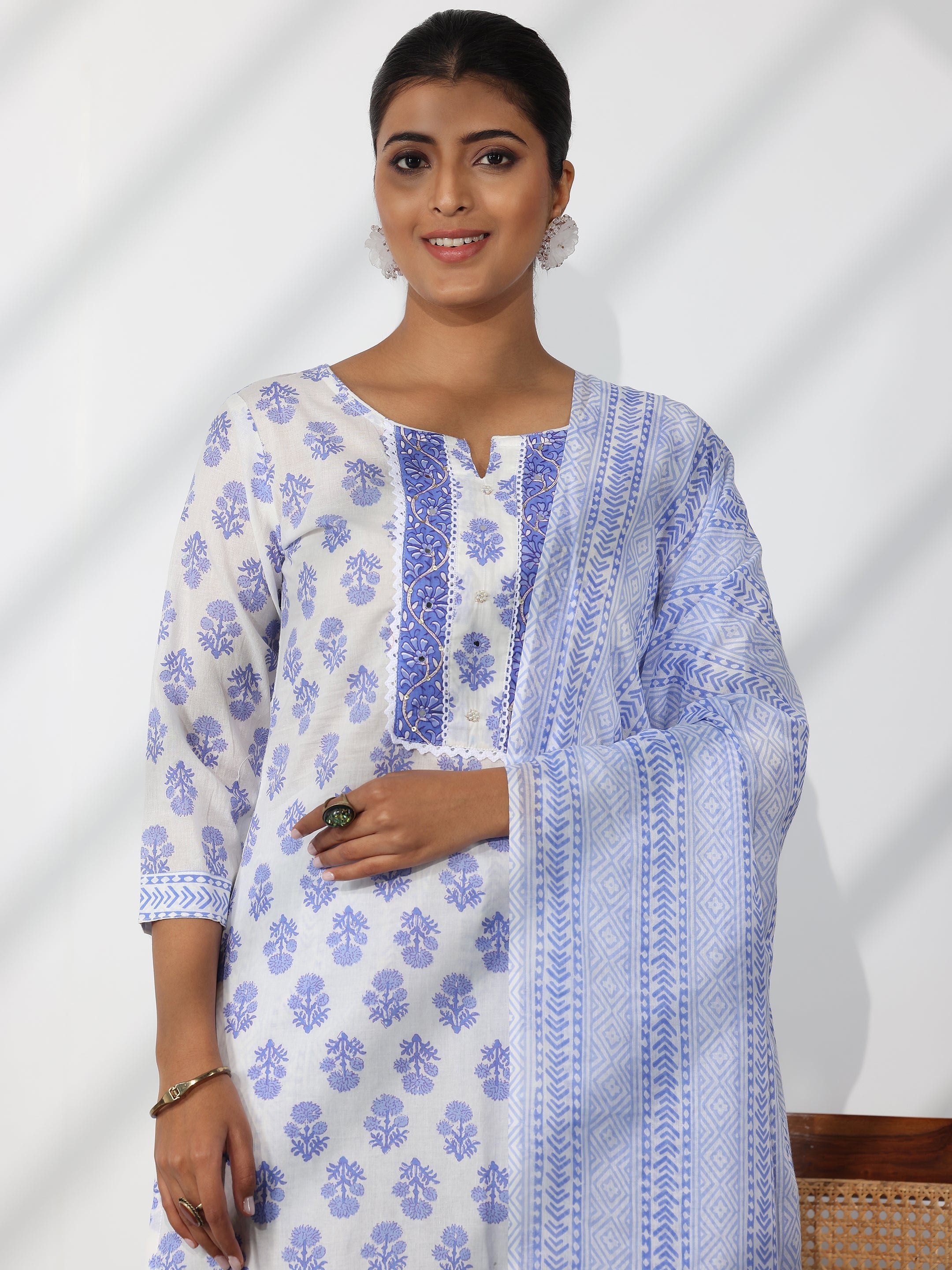 Off White Printed Cotton Straight Suit With Dupatta