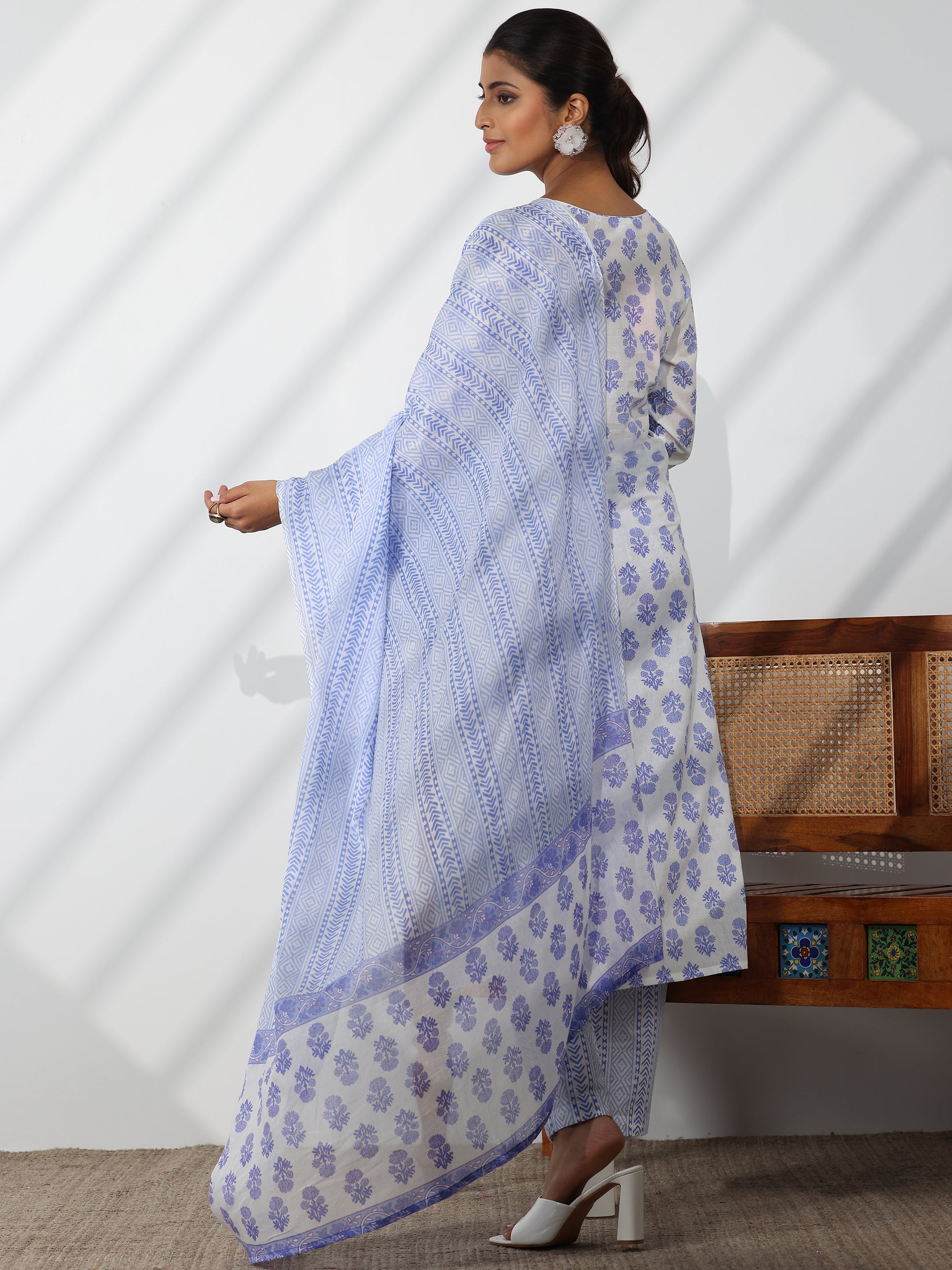 Off White Printed Cotton Straight Suit With Dupatta