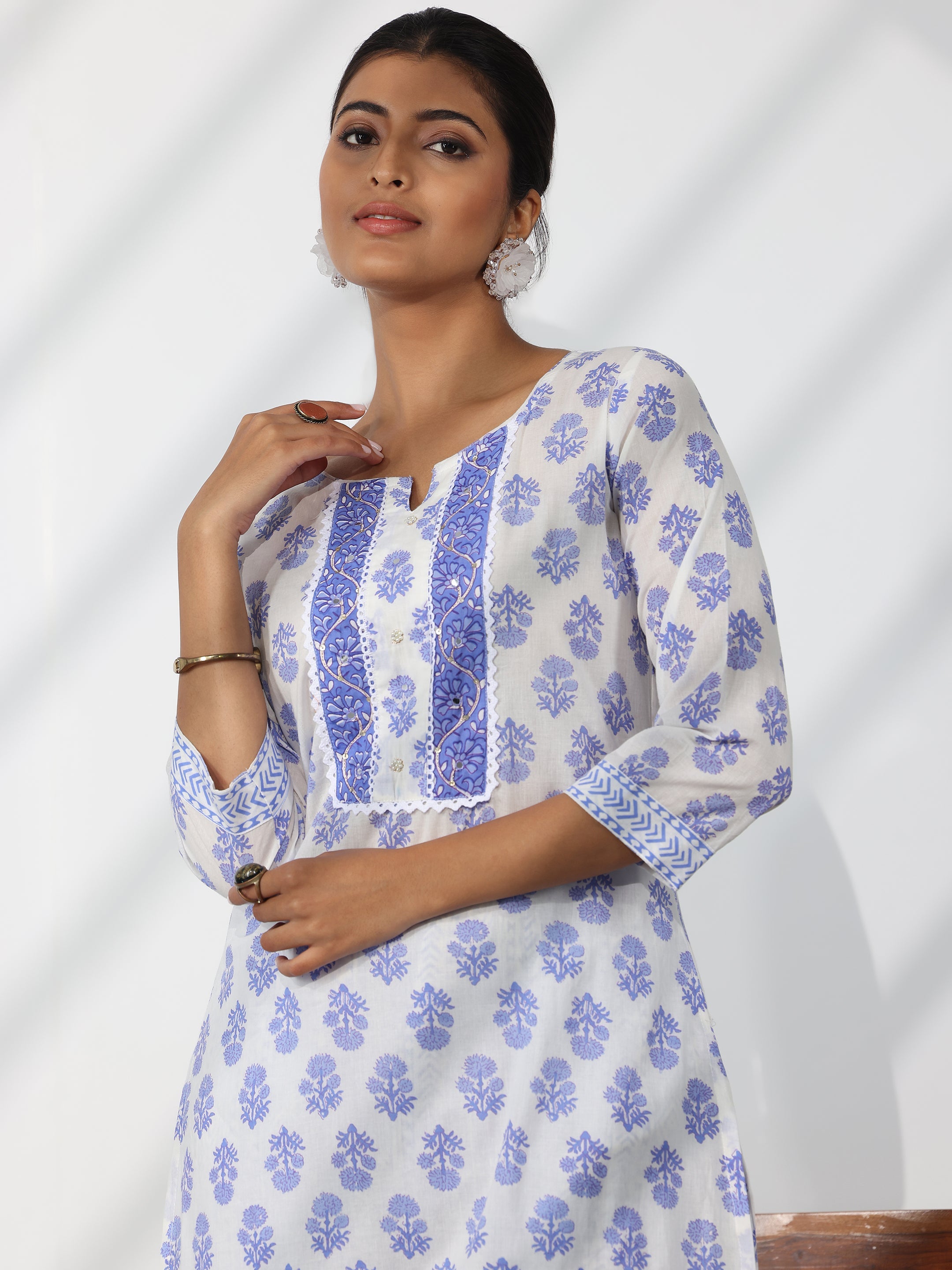 Off White Printed Cotton Straight Suit With Dupatta