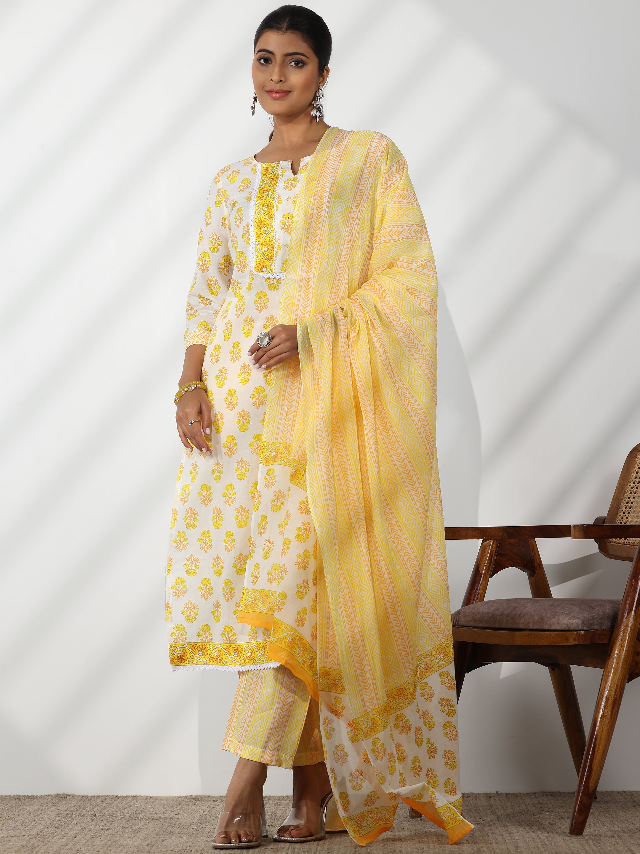 Off White Printed Cotton Straight Suit With Dupatta