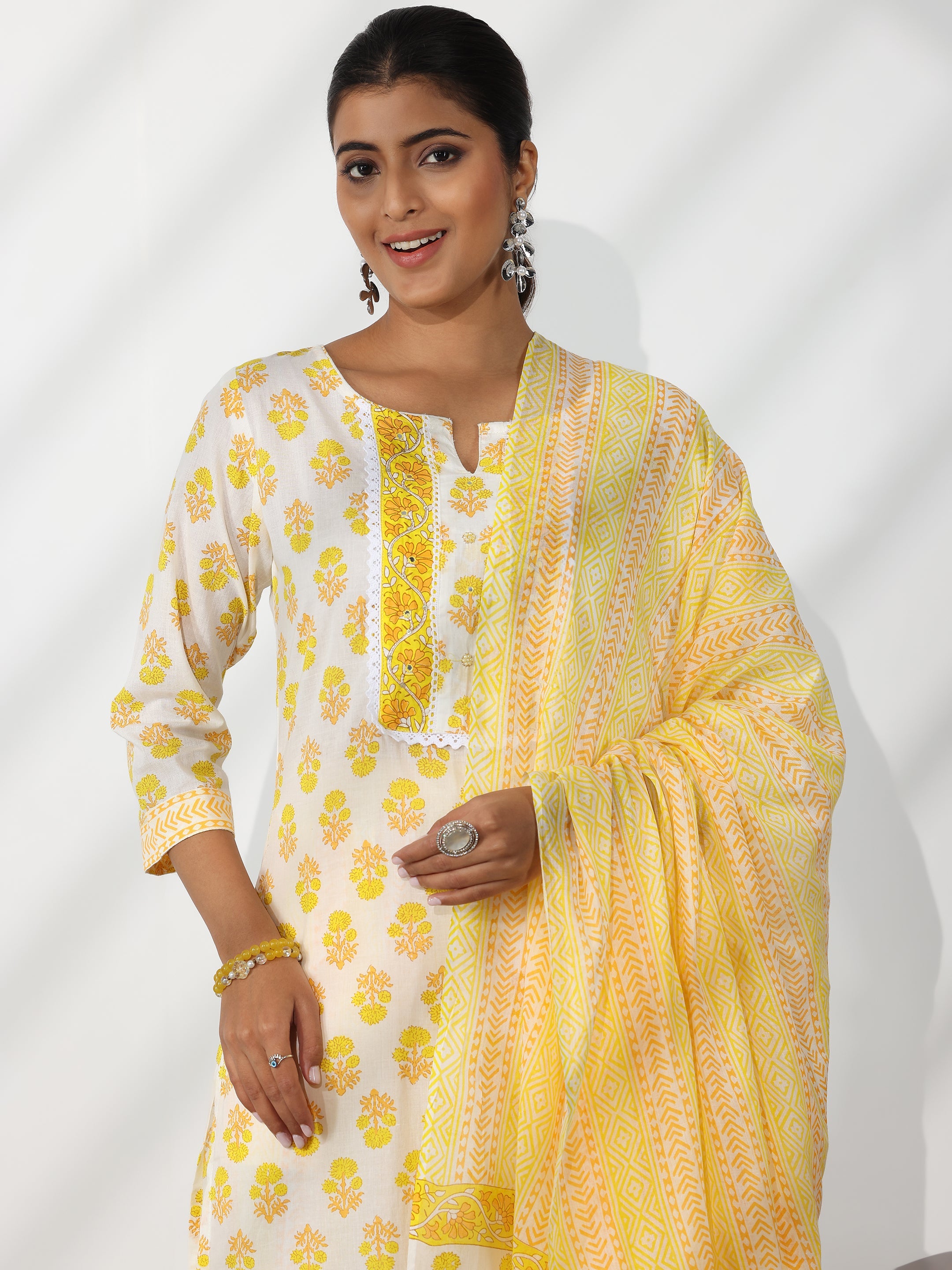 Off White Printed Cotton Straight Suit With Dupatta