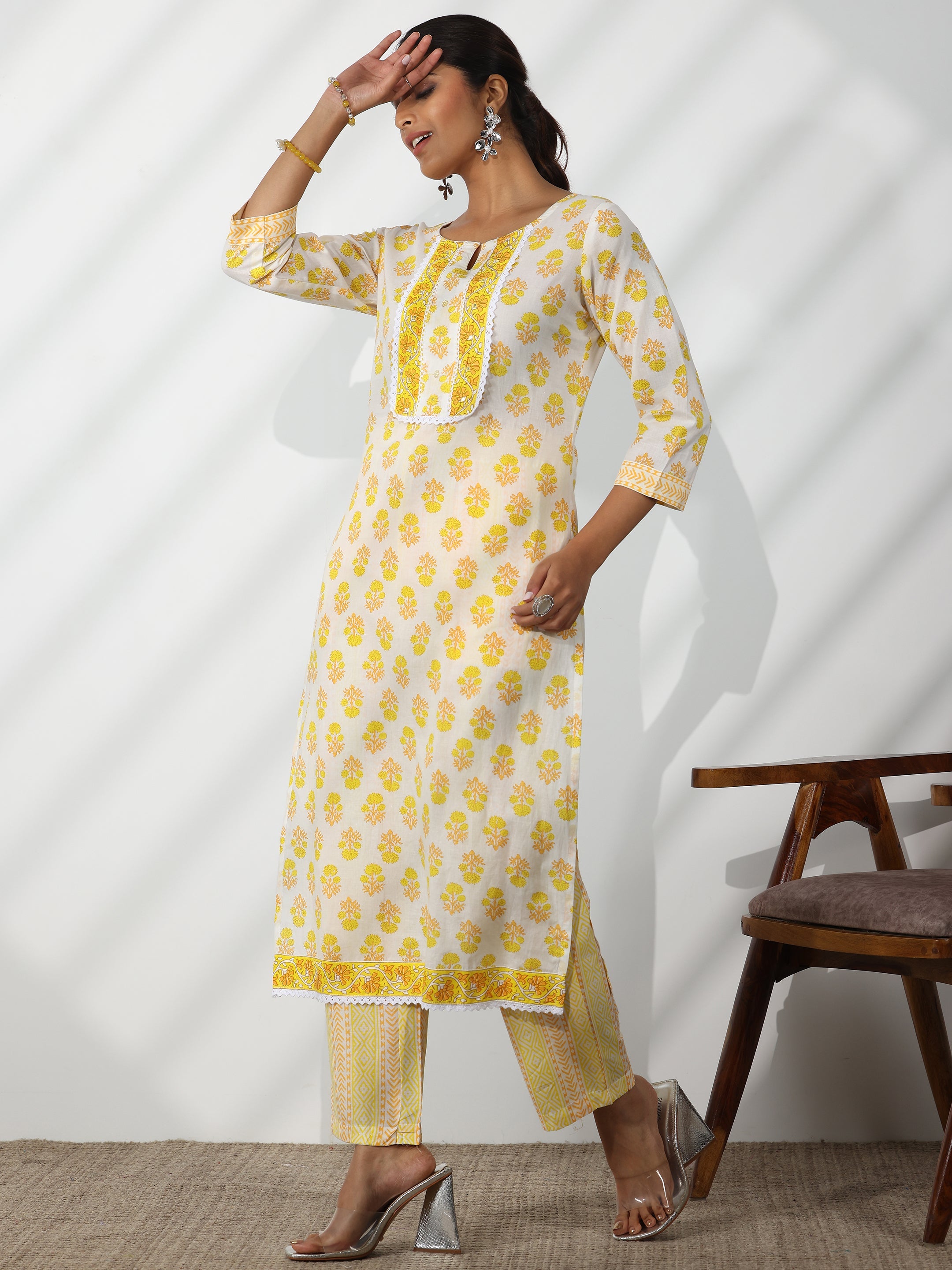 Off White Printed Cotton Straight Suit With Dupatta