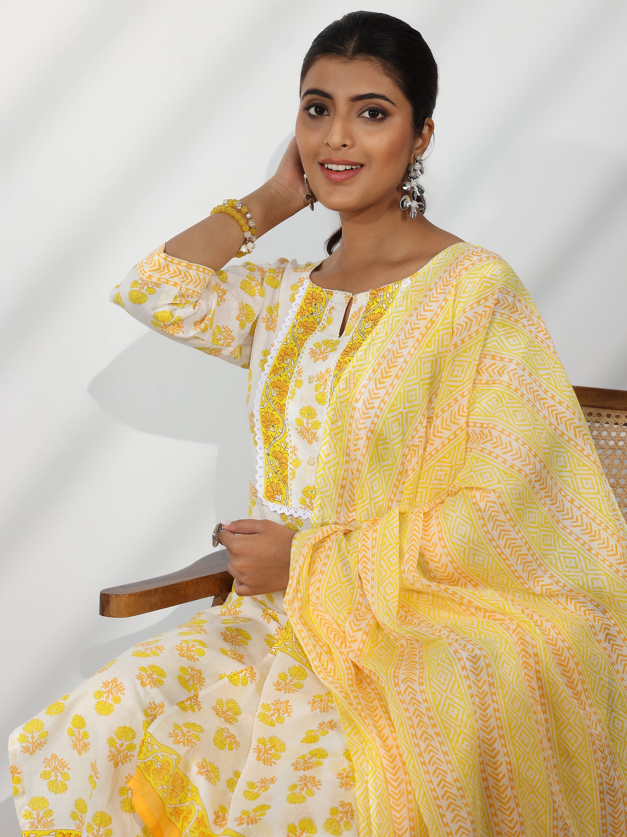 Off White Printed Cotton Straight Suit With Dupatta