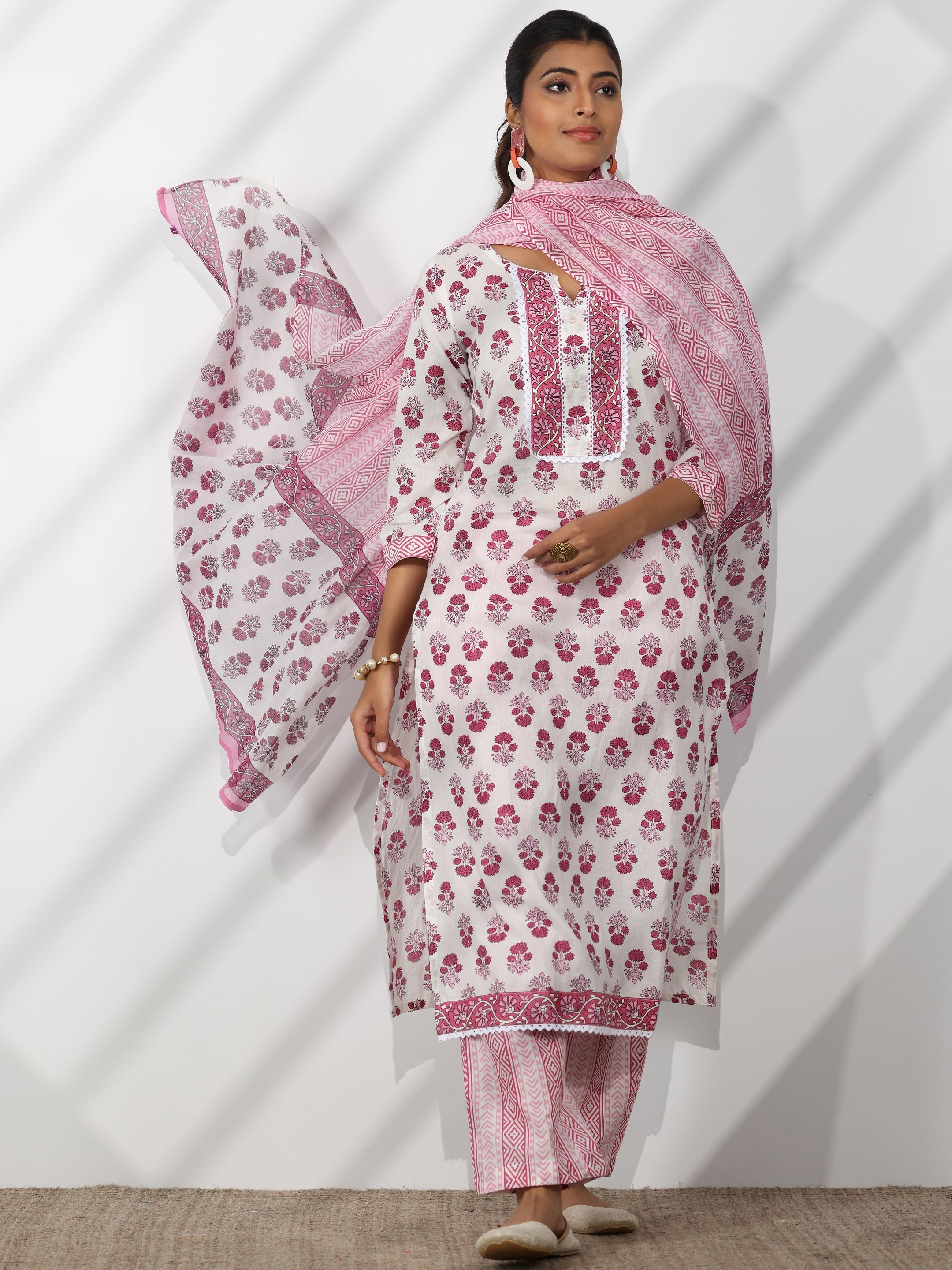 Off White Printed Cotton Straight Suit With Dupatta