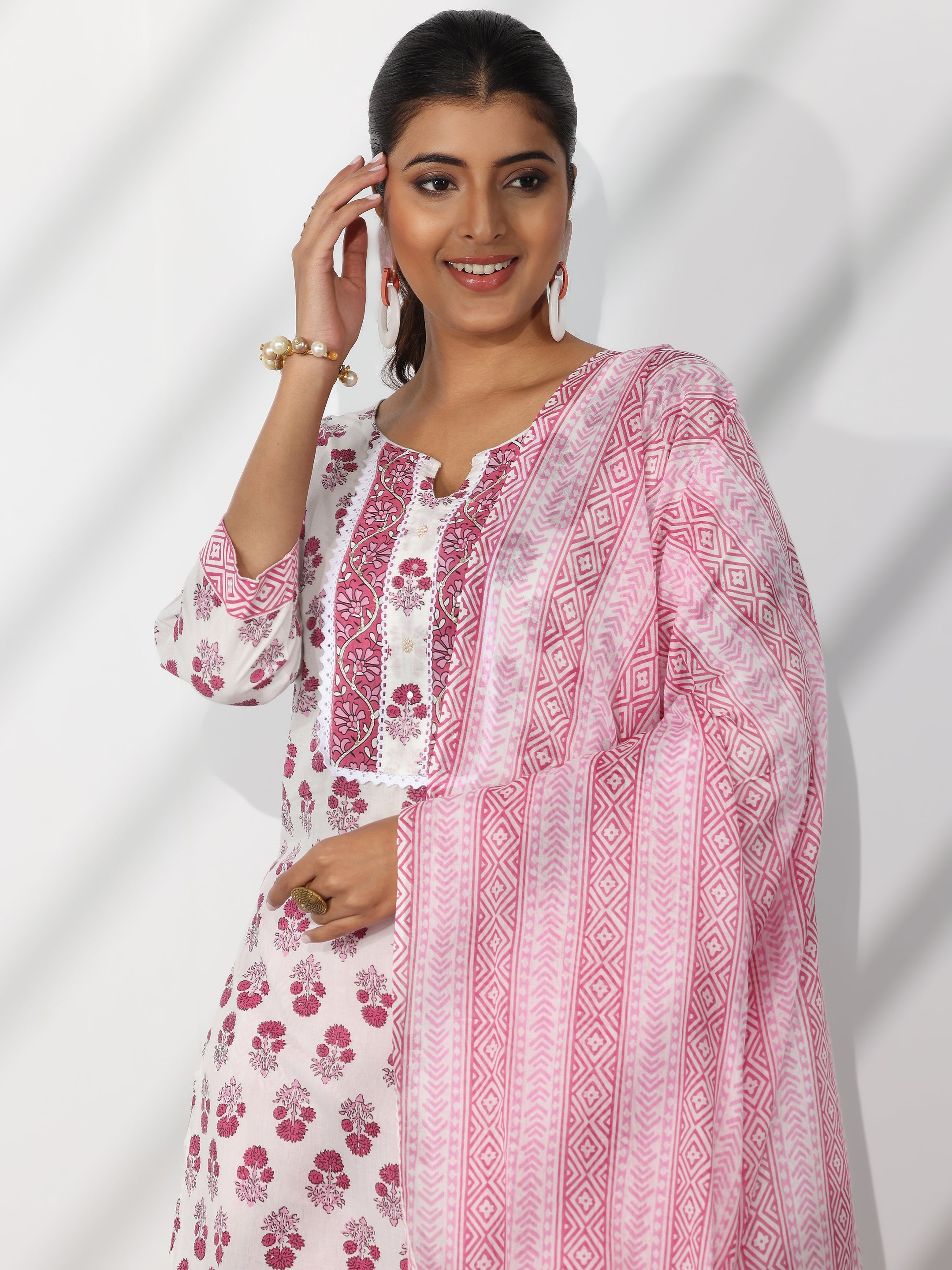 Off White Printed Cotton Straight Suit With Dupatta