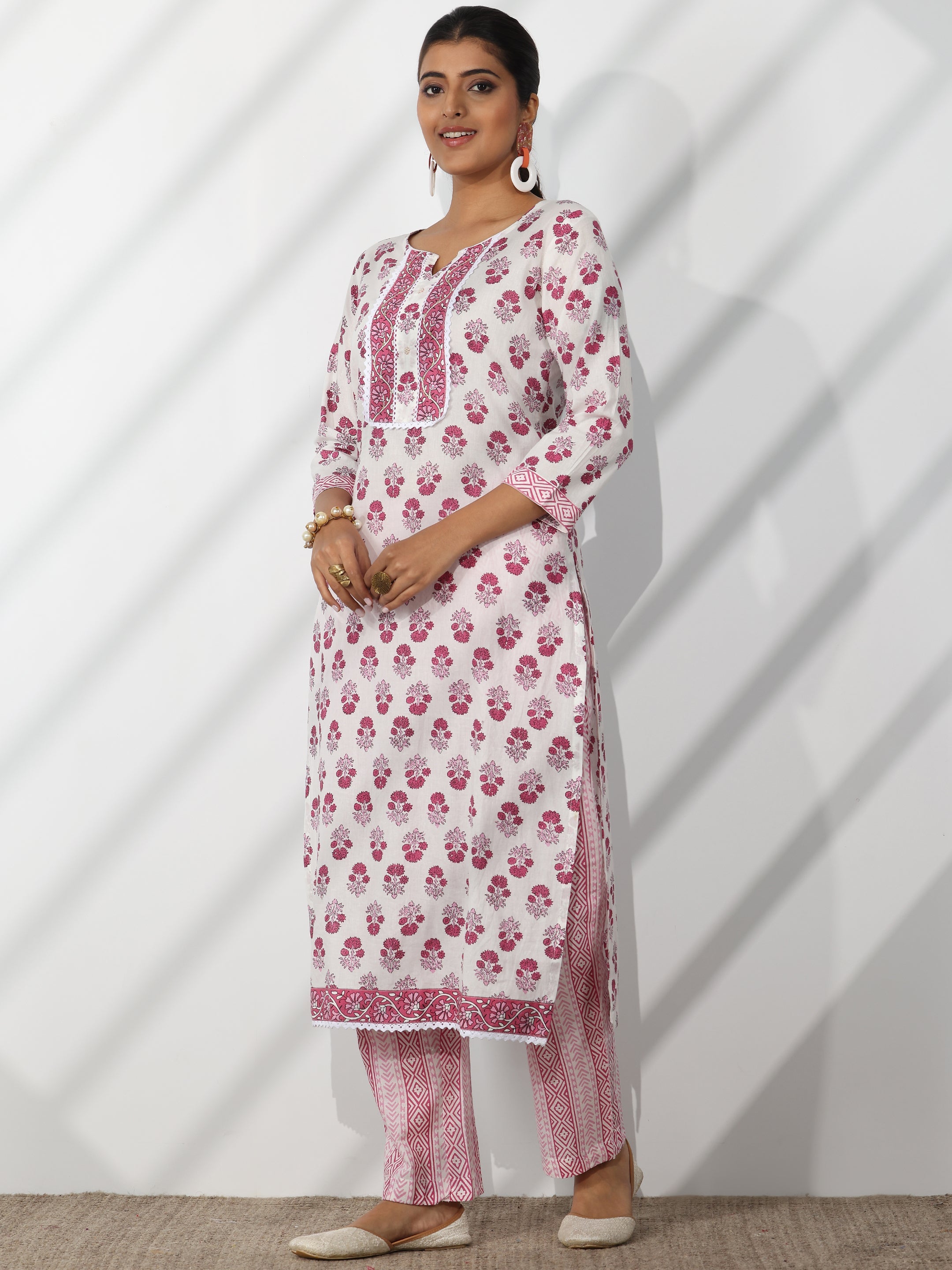 Off White Printed Cotton Straight Suit With Dupatta