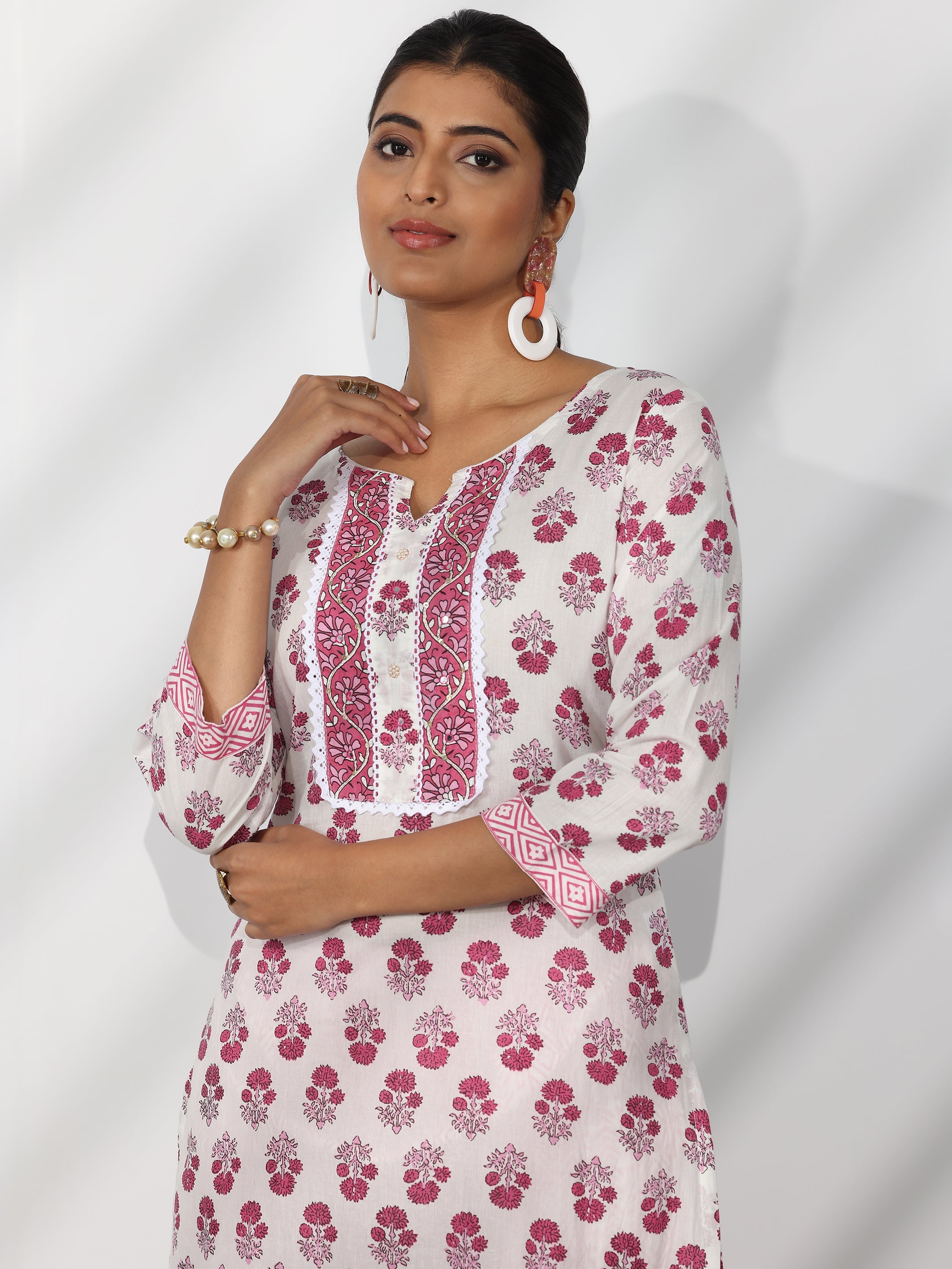 Off White Printed Cotton Straight Suit With Dupatta