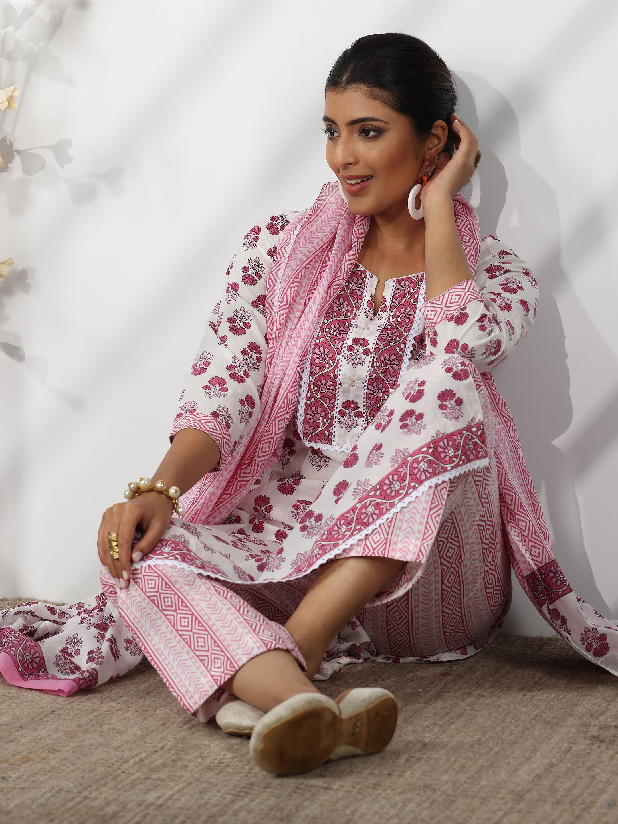 Off White Printed Cotton Straight Suit With Dupatta