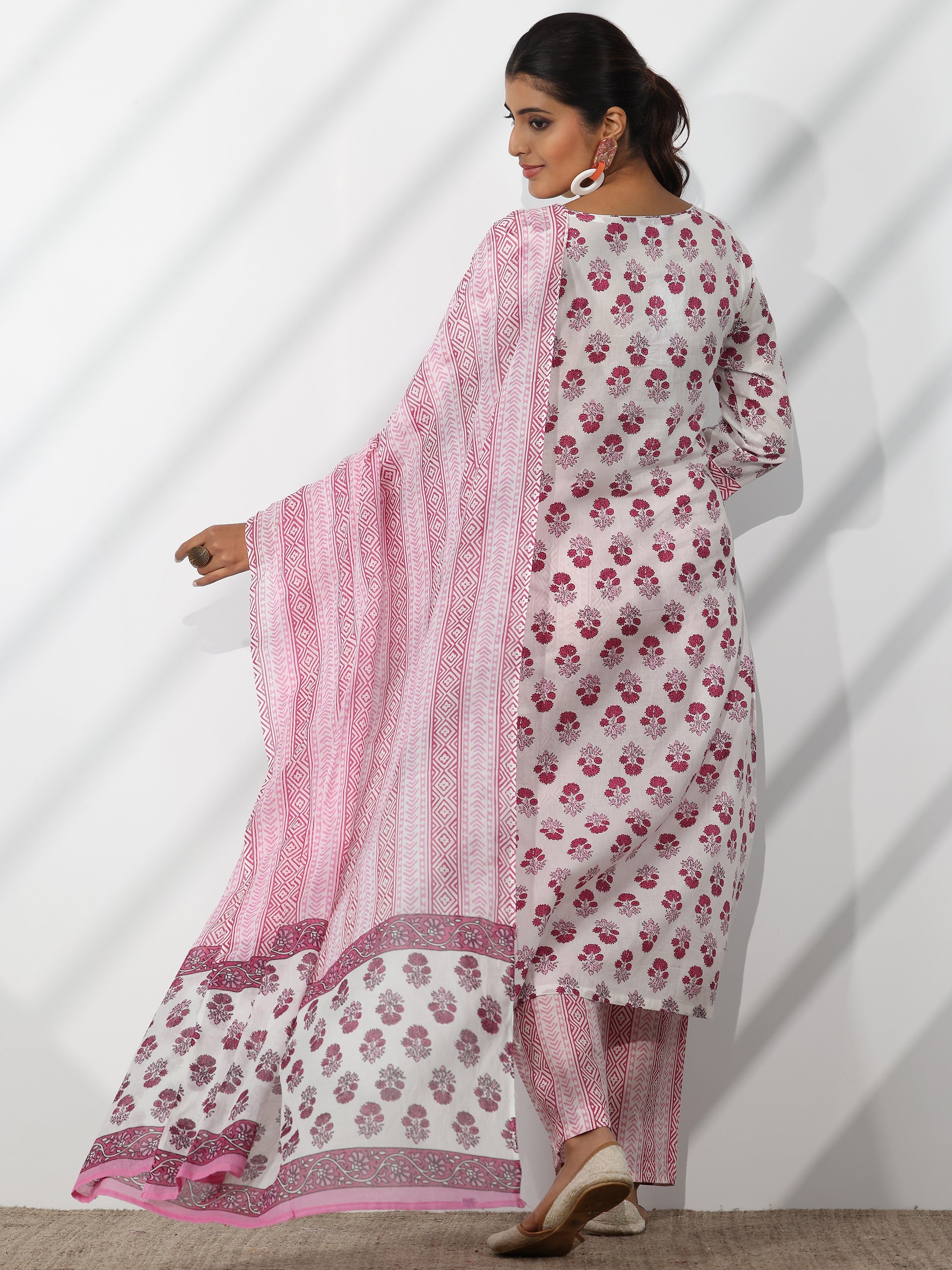 Off White Printed Cotton Straight Suit With Dupatta