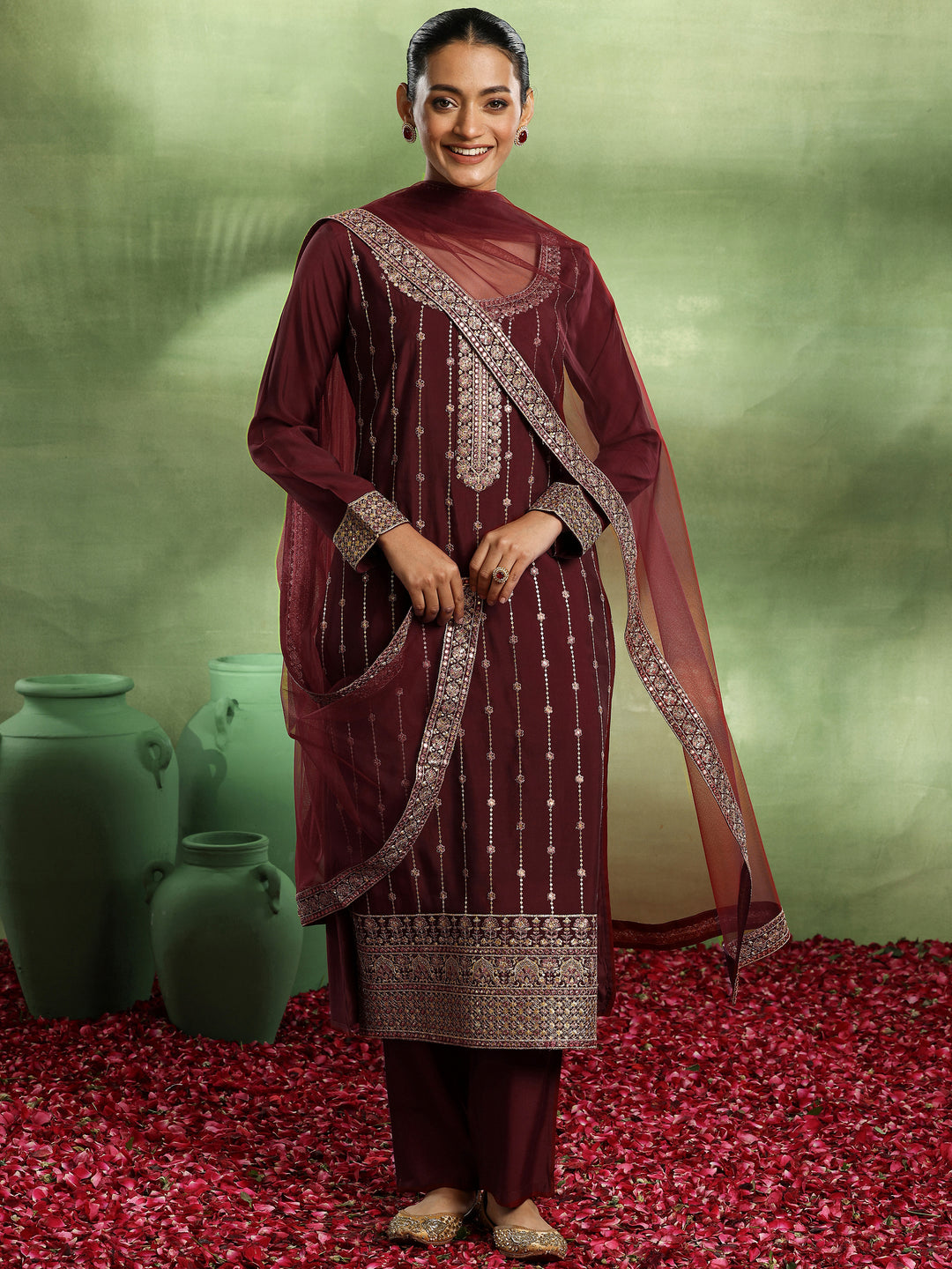 Maroon Embroidered Silk Blend Straight Suit With Dupatta