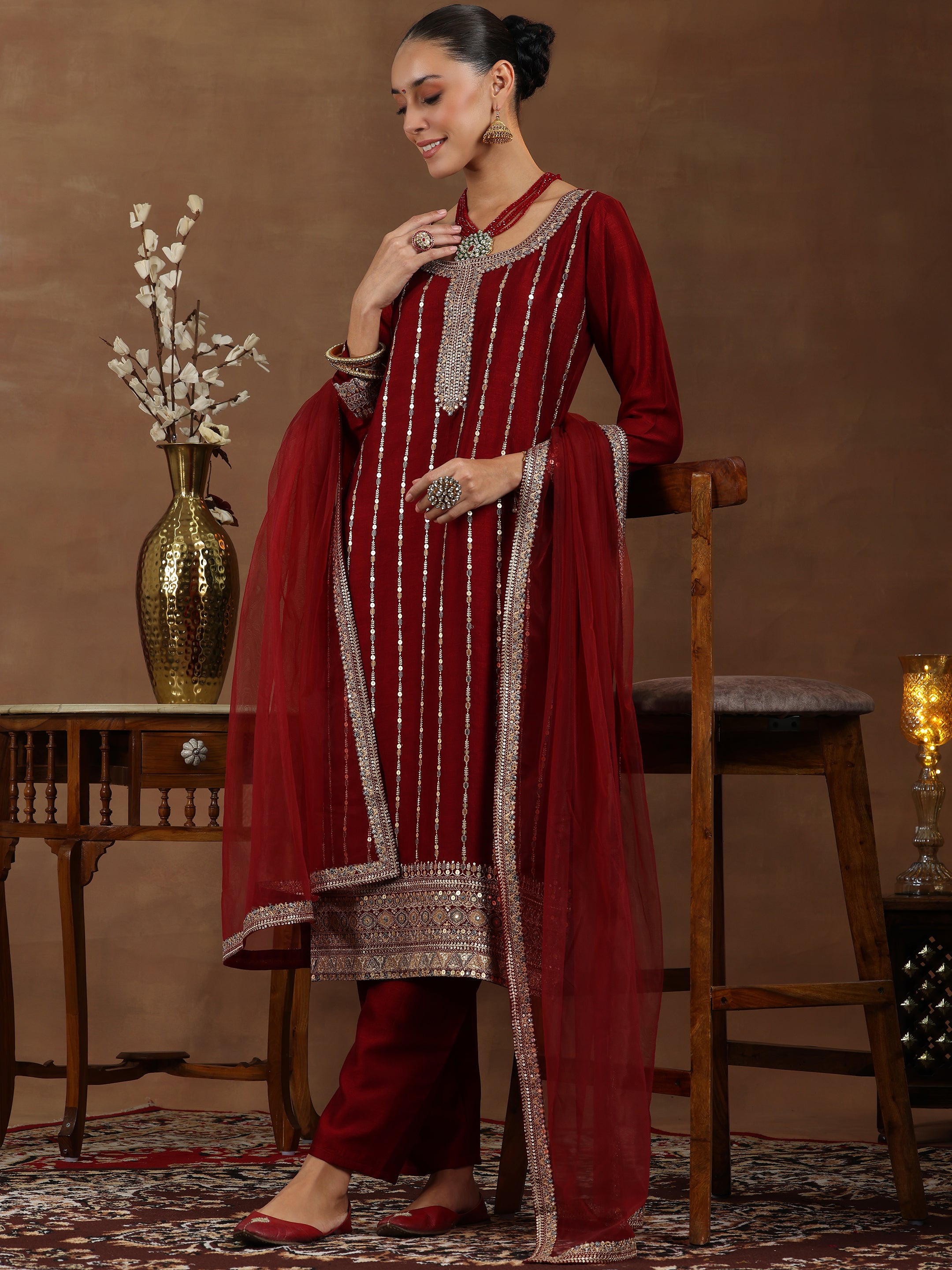 Maroon Embroidered Silk Blend Straight Suit With Dupatta