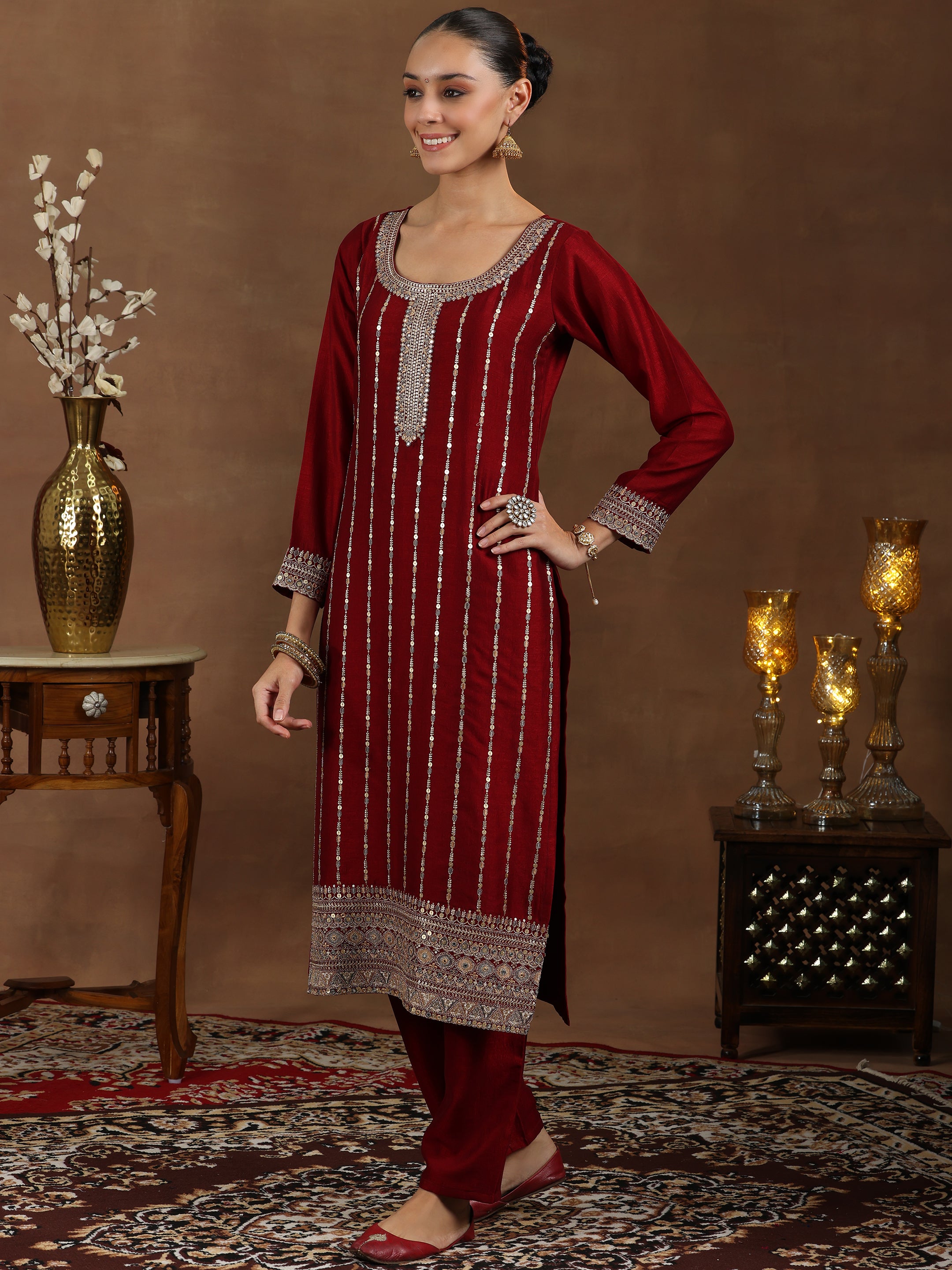 Maroon Embroidered Silk Blend Straight Suit With Dupatta