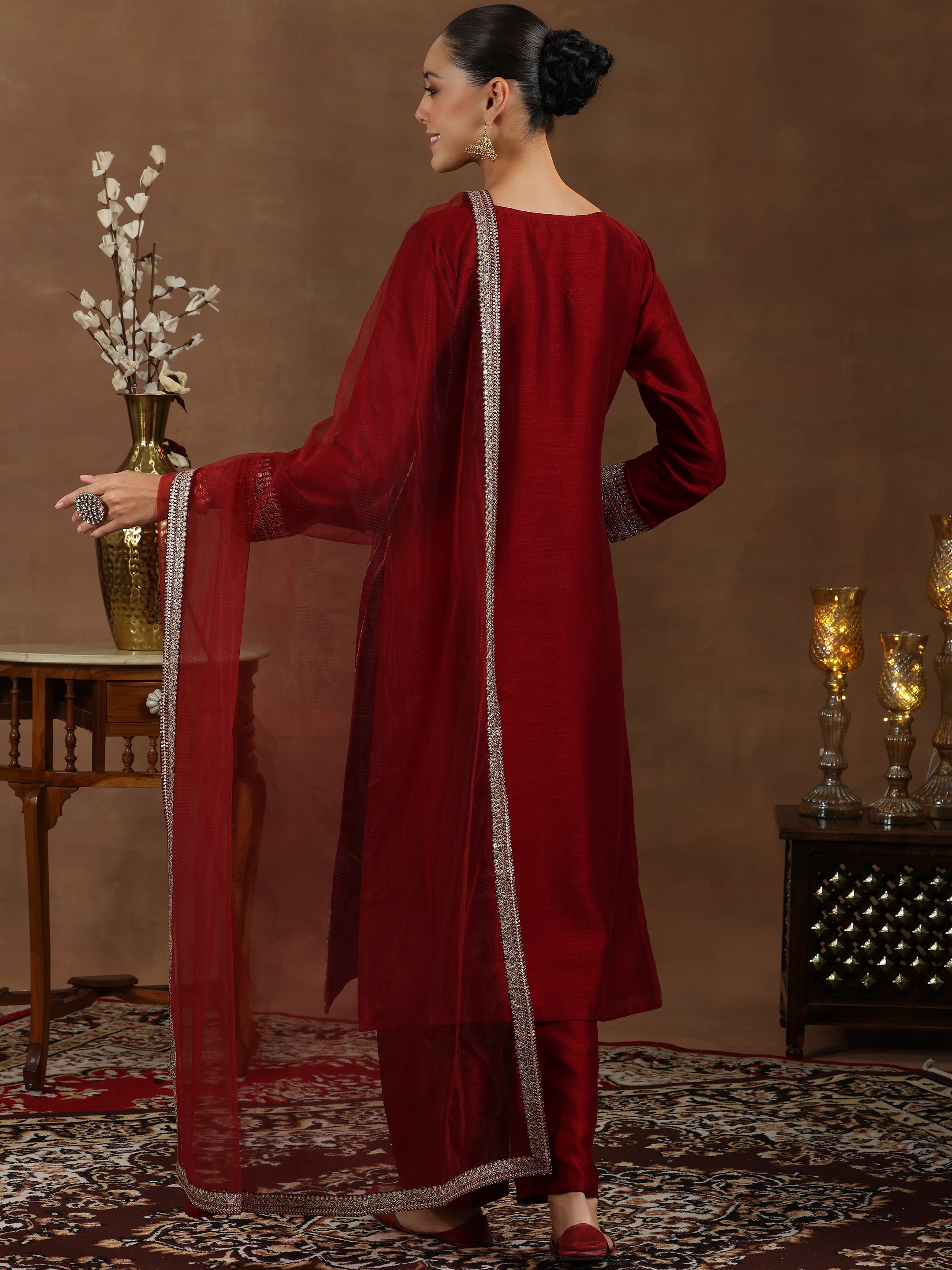 Maroon Embroidered Silk Blend Straight Suit With Dupatta