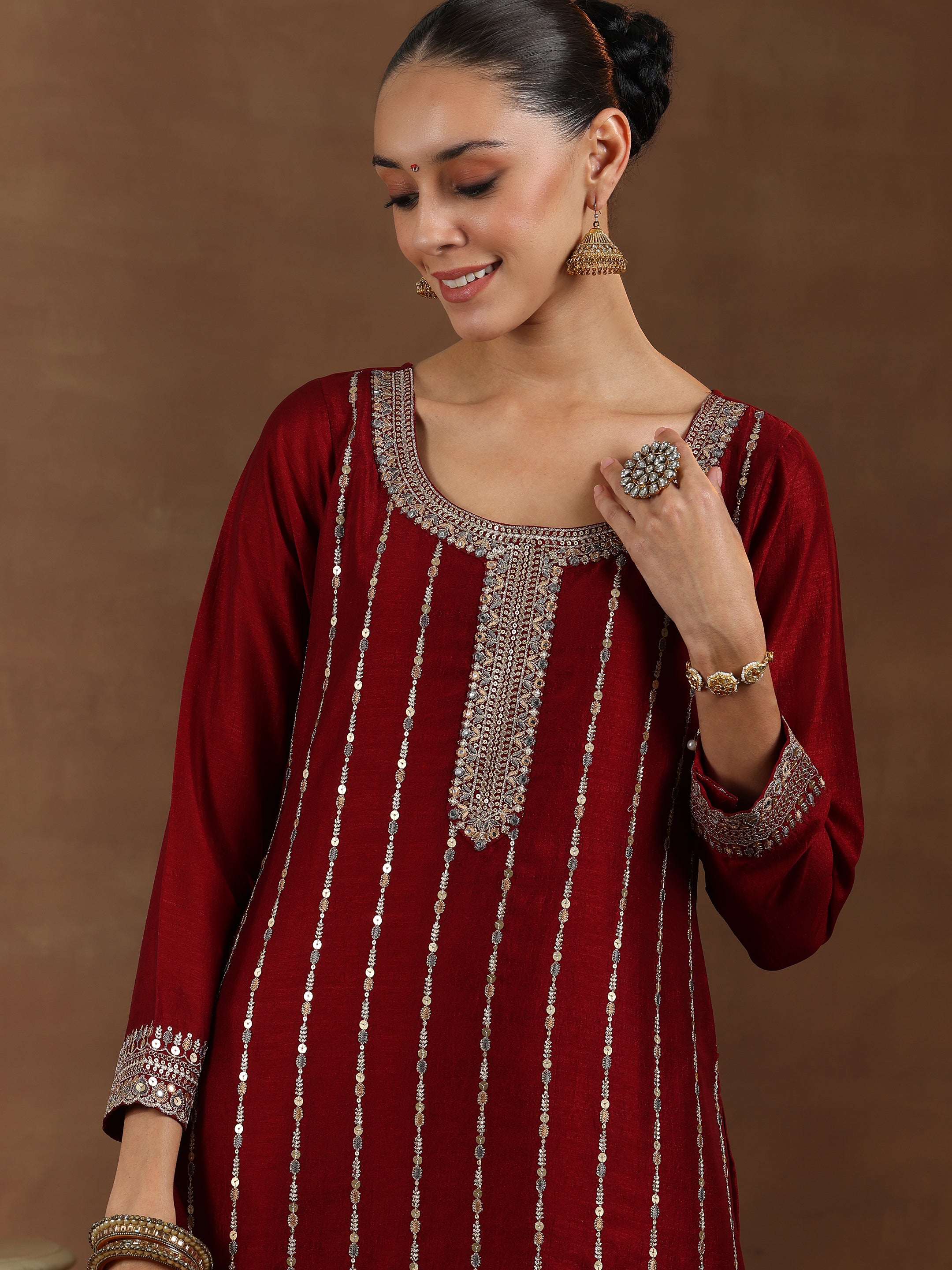 Maroon Embroidered Silk Blend Straight Suit With Dupatta