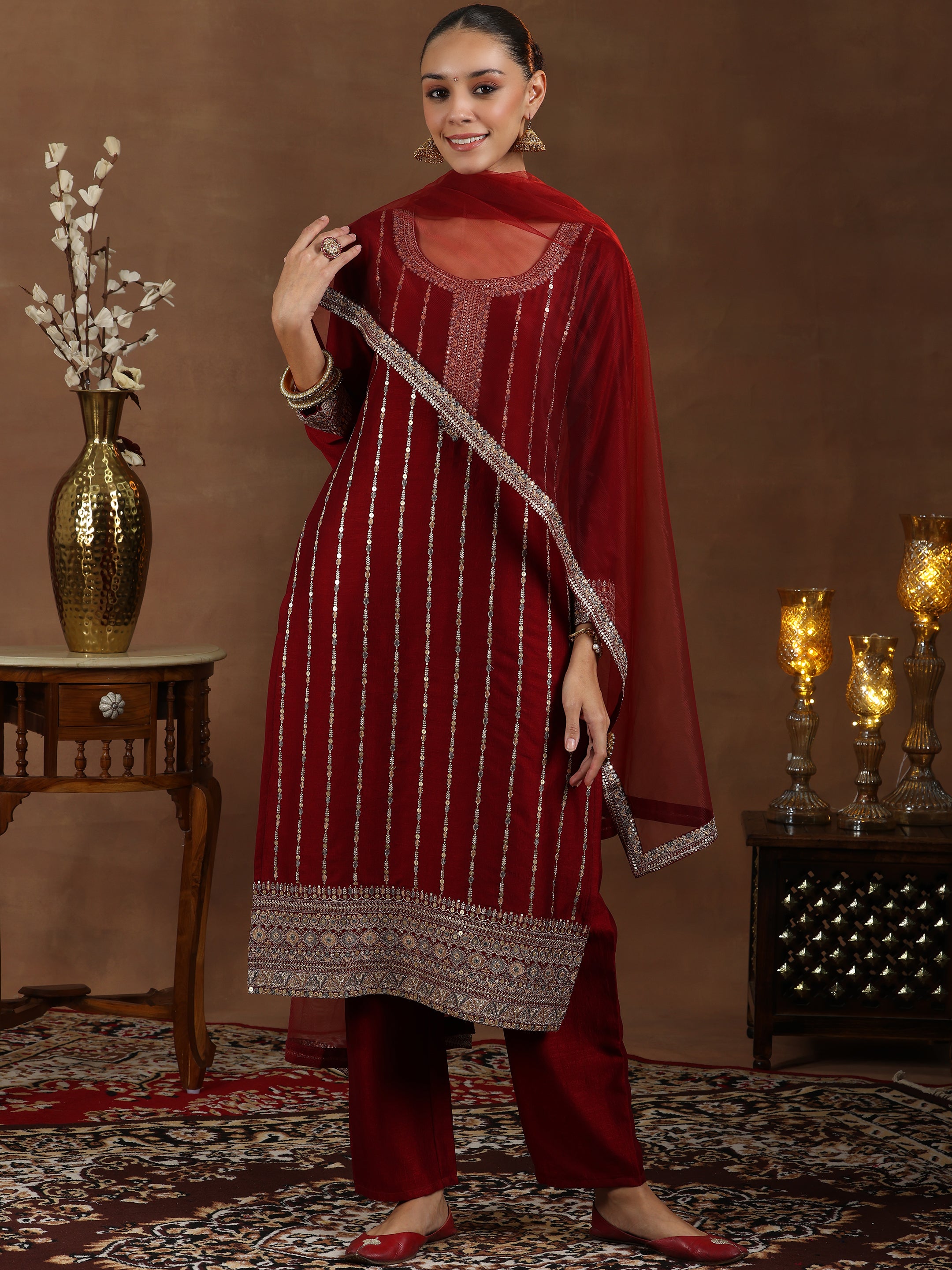 Maroon Embroidered Silk Blend Straight Suit With Dupatta