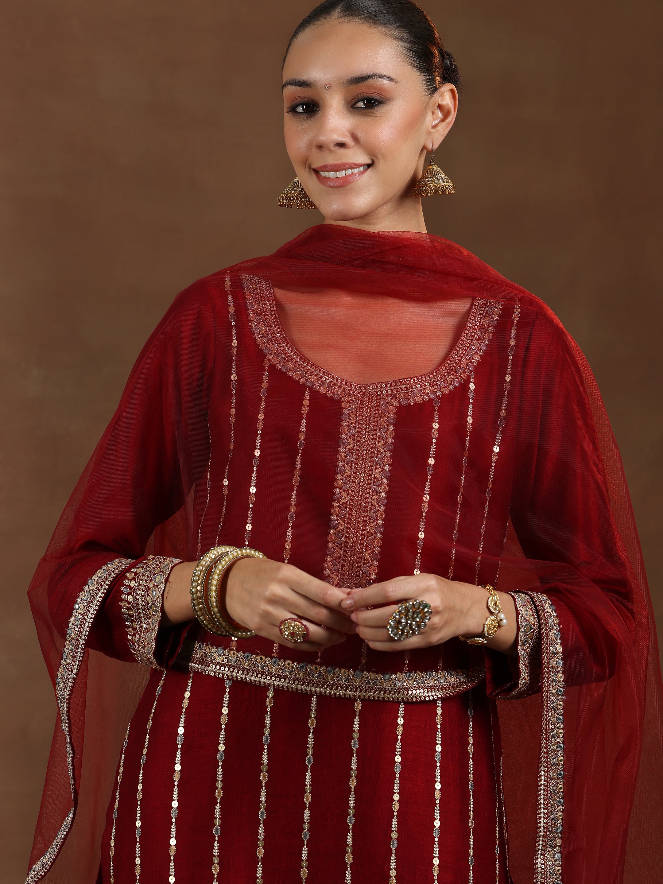 Maroon Embroidered Silk Blend Straight Suit With Dupatta