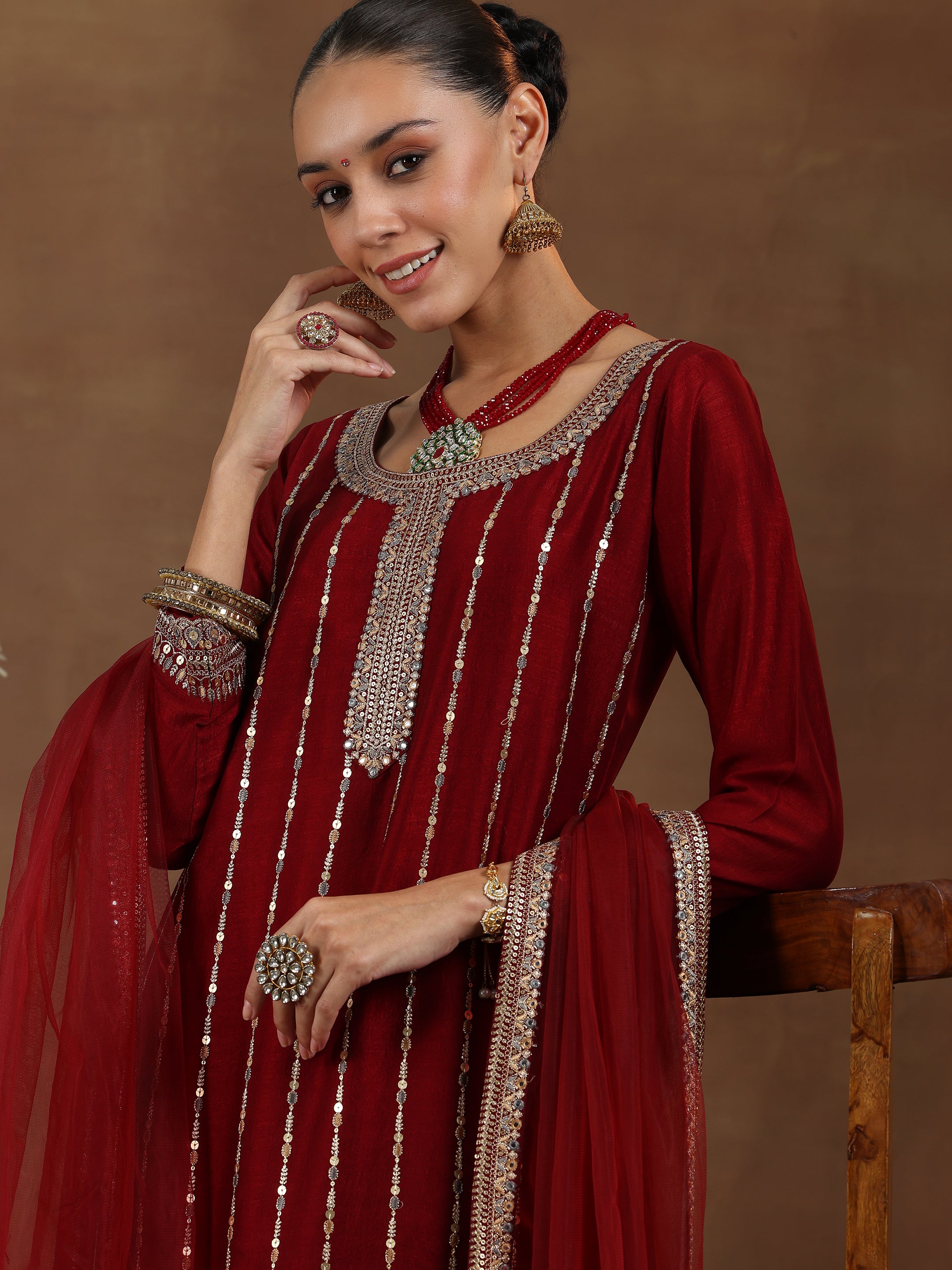 Maroon Embroidered Silk Blend Straight Suit With Dupatta