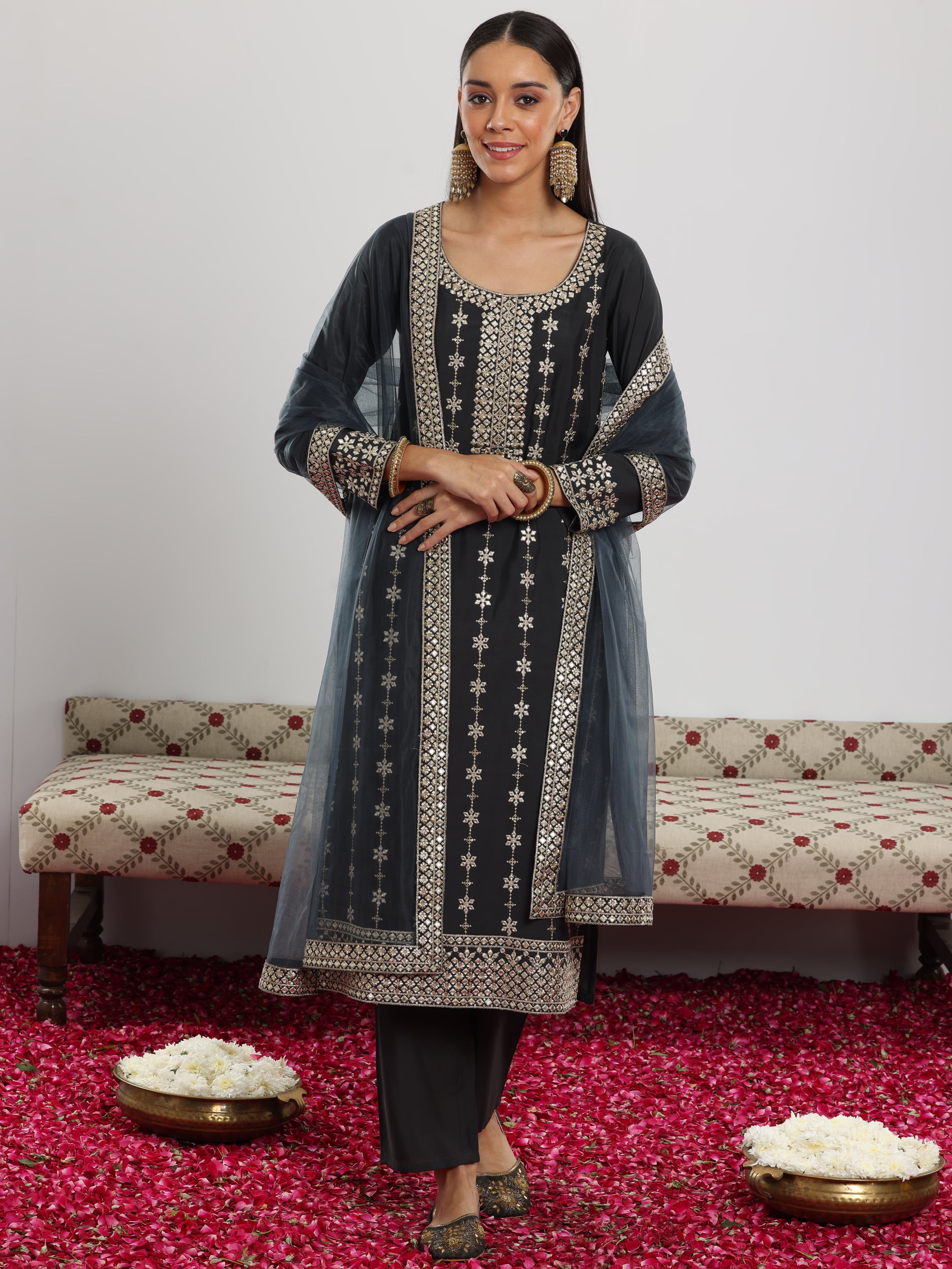 Grey Embroidered Silk Blend Straight Suit With Dupatta