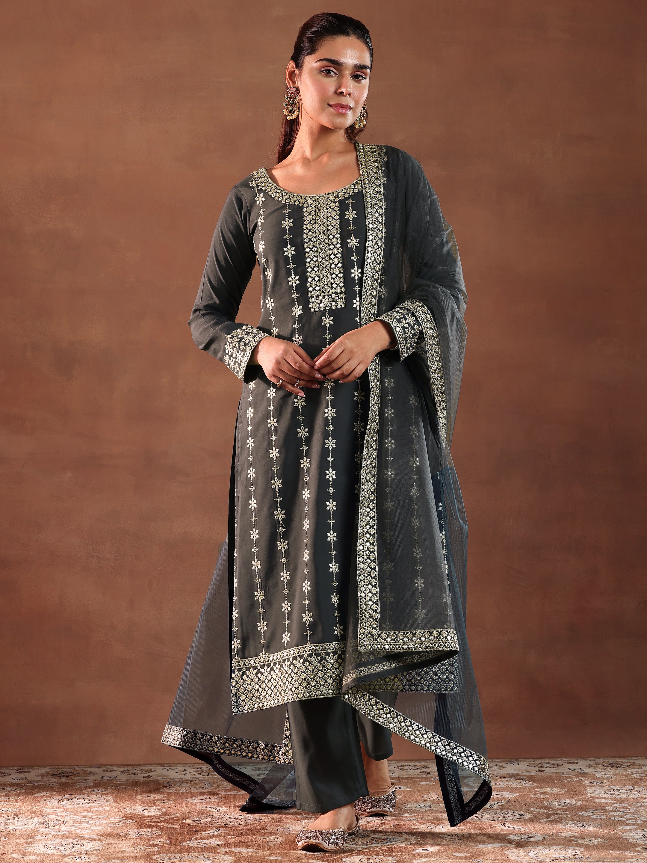 Grey Embroidered Silk Blend Straight Suit With Dupatta