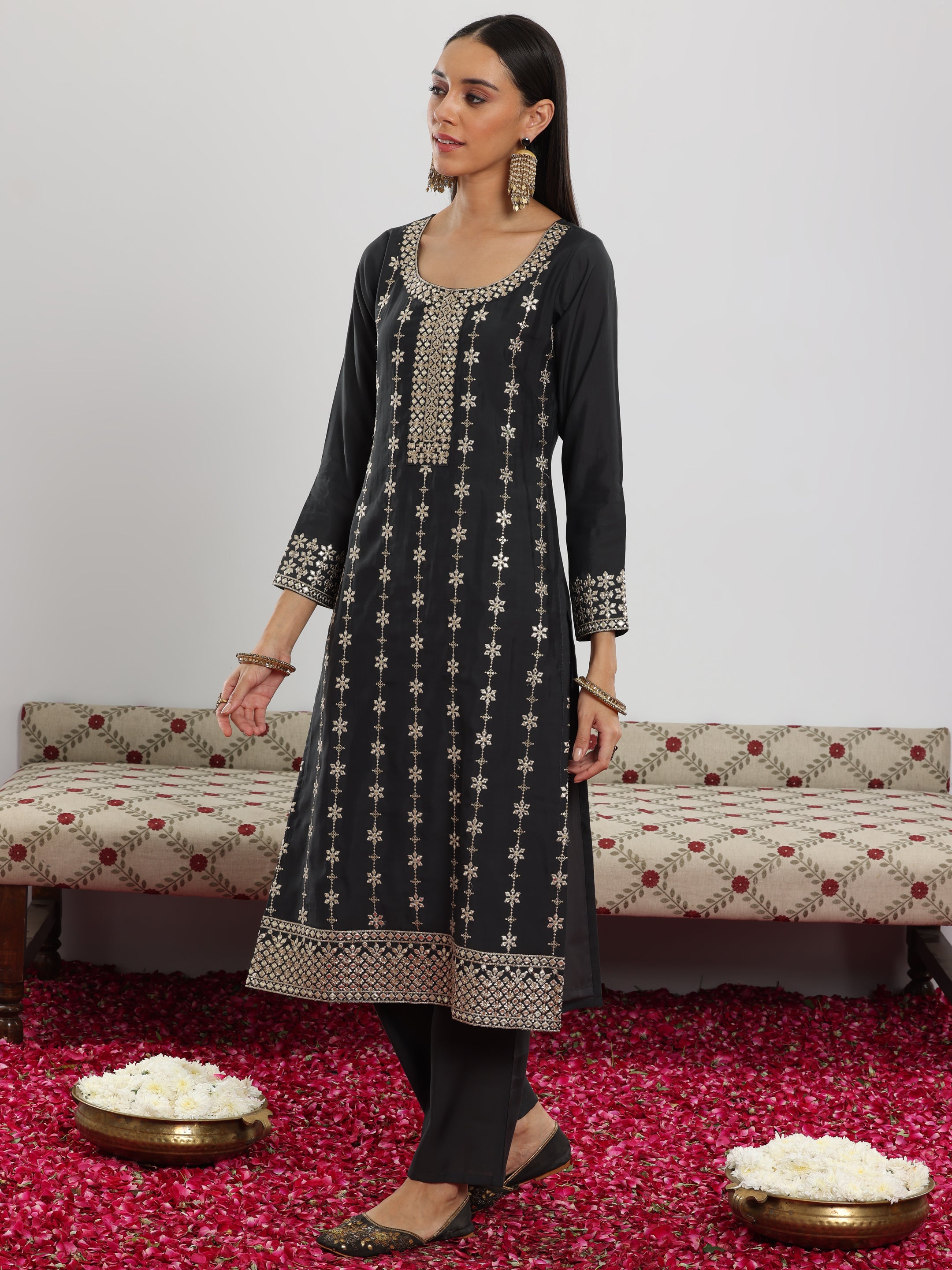 Grey Embroidered Silk Blend Straight Suit With Dupatta