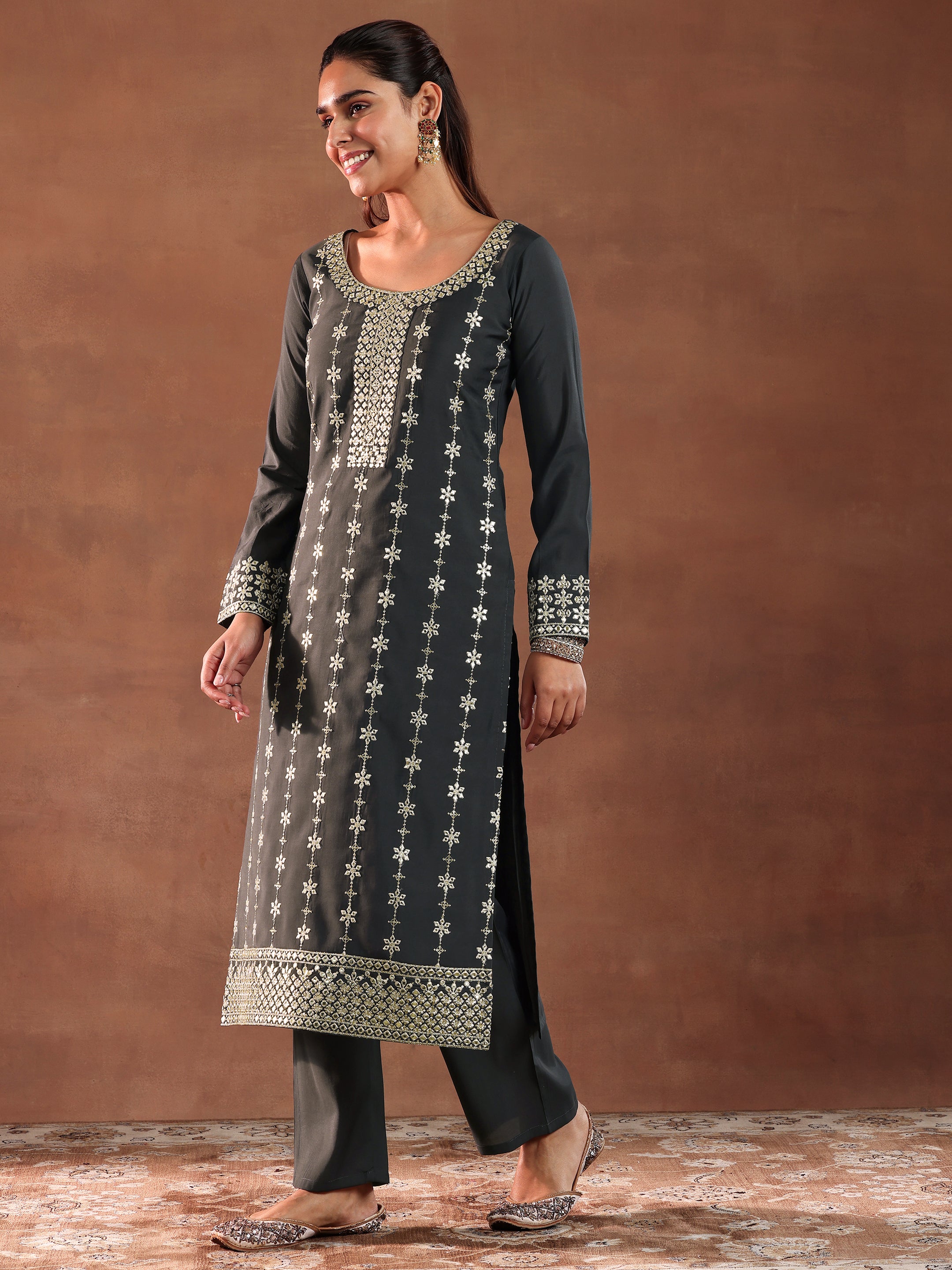 Grey Embroidered Silk Blend Straight Suit With Dupatta