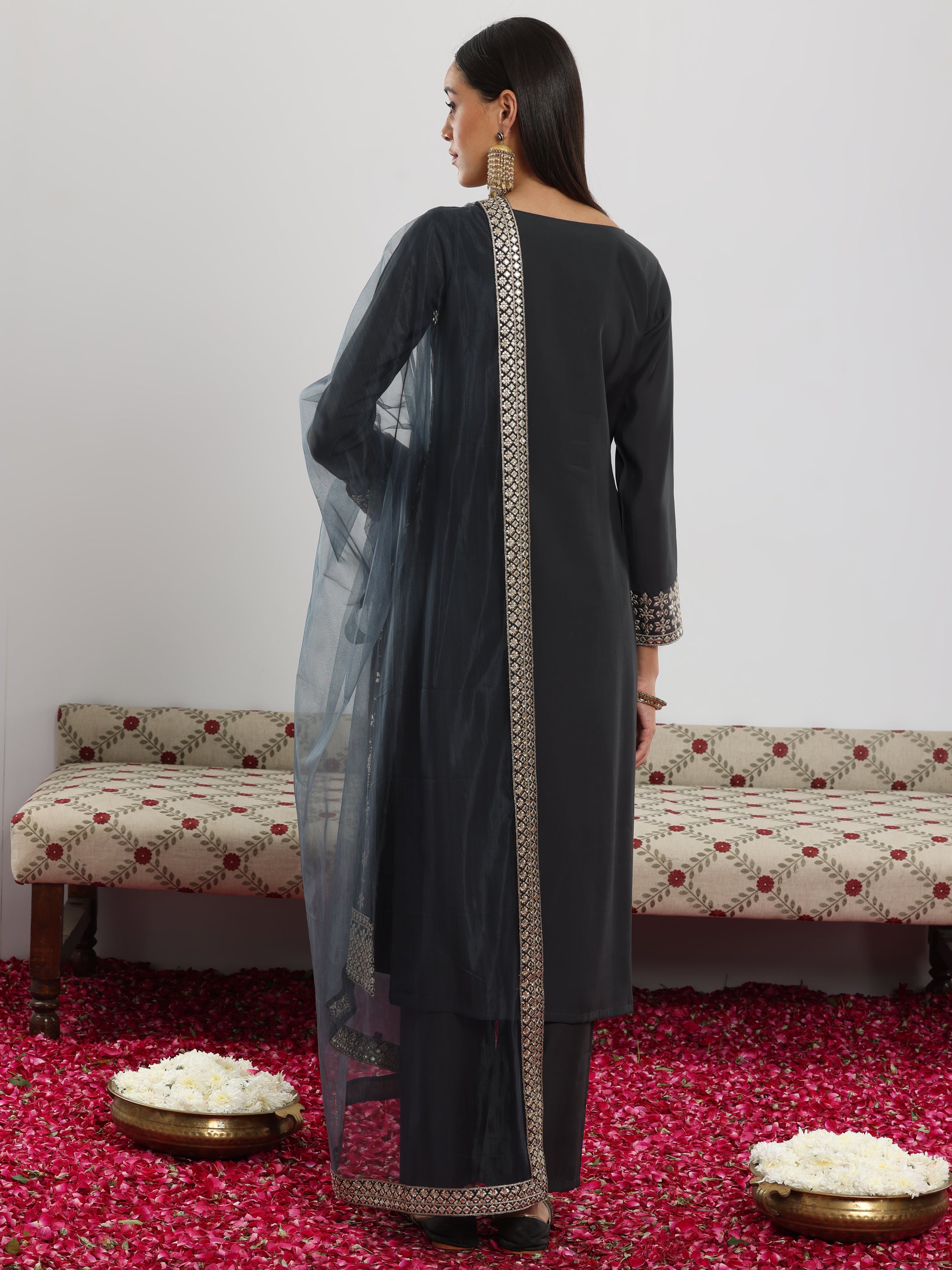 Grey Embroidered Silk Blend Straight Suit With Dupatta