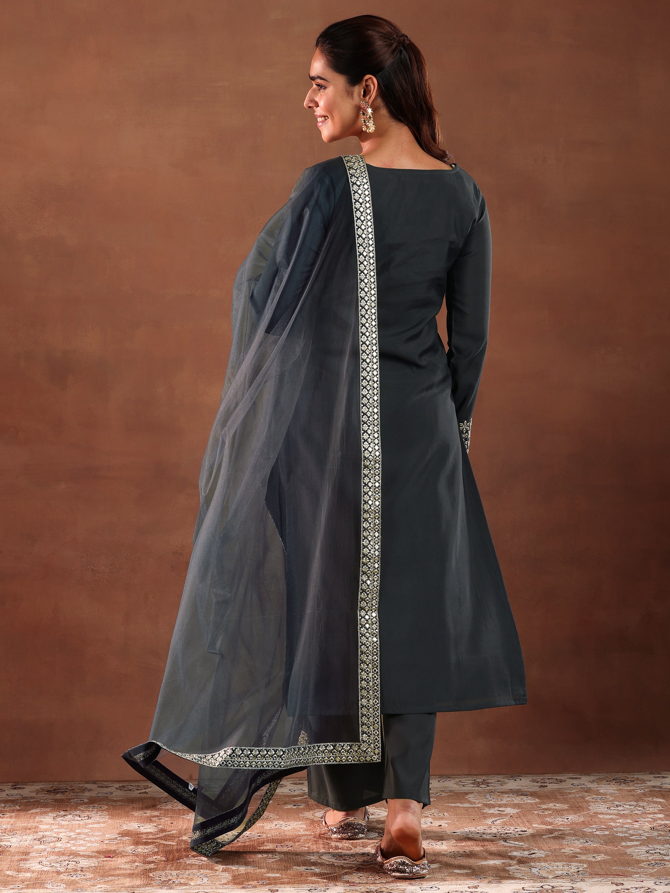 Grey Embroidered Silk Blend Straight Suit With Dupatta