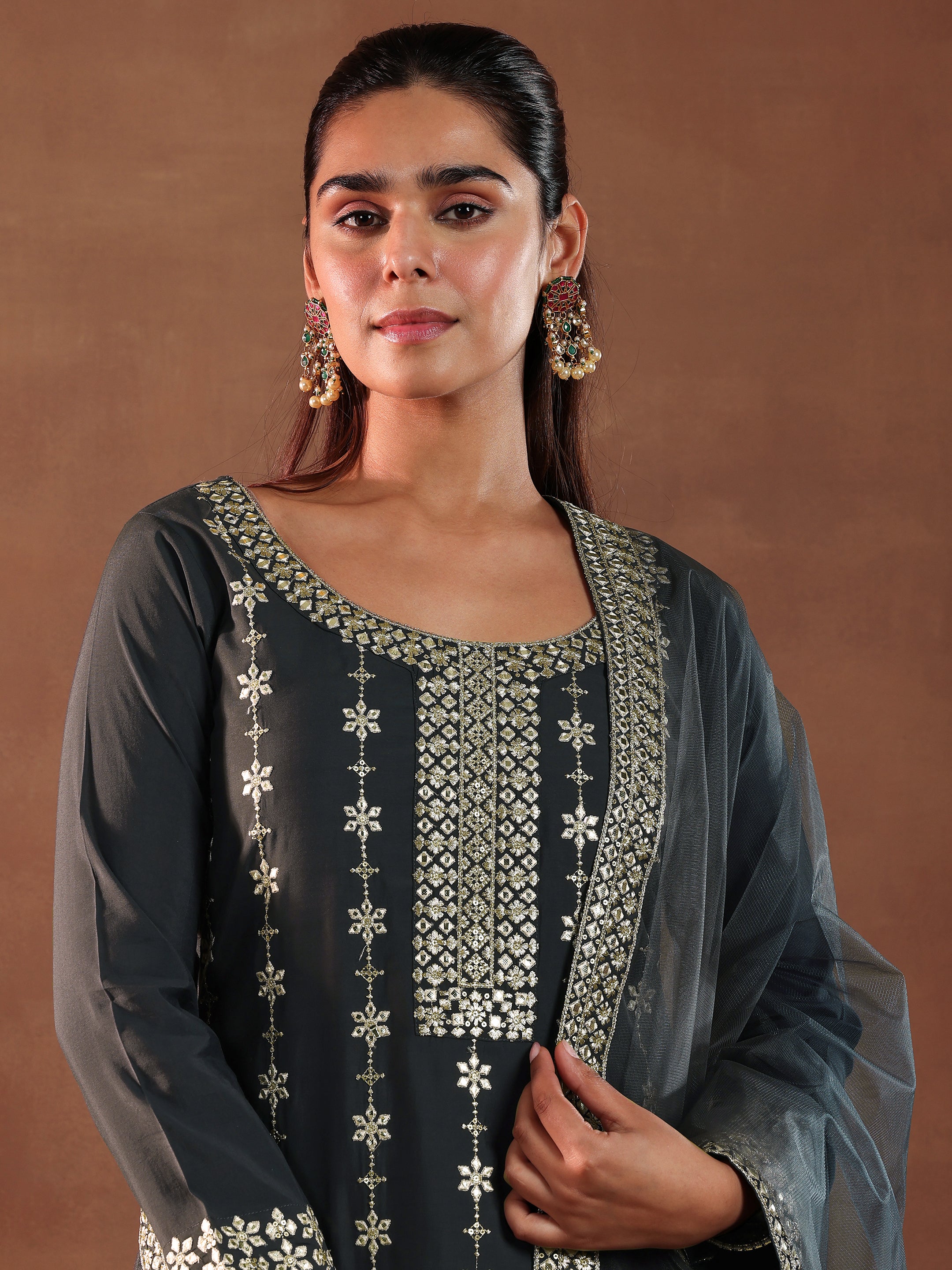 Grey Embroidered Silk Blend Straight Suit With Dupatta