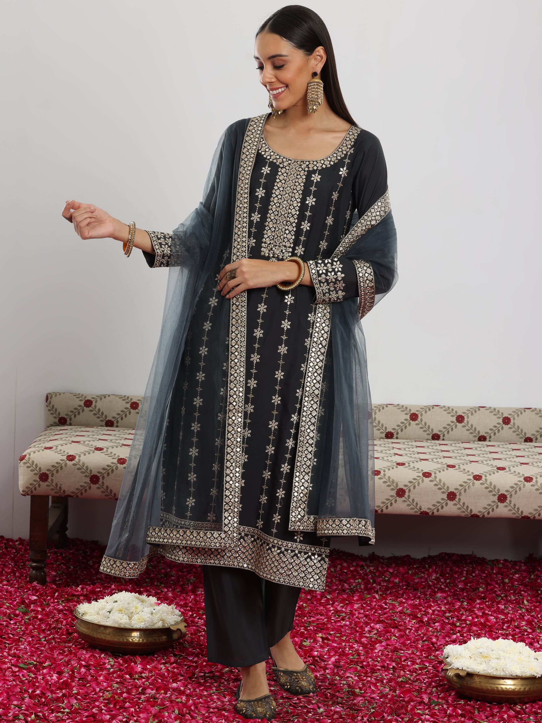 Grey Embroidered Silk Blend Straight Suit With Dupatta