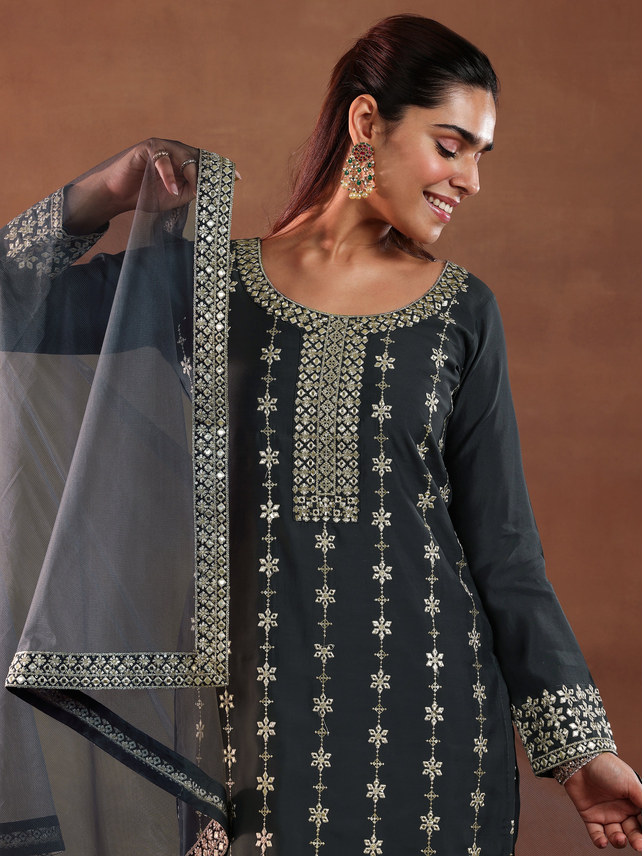 Grey Embroidered Silk Blend Straight Suit With Dupatta