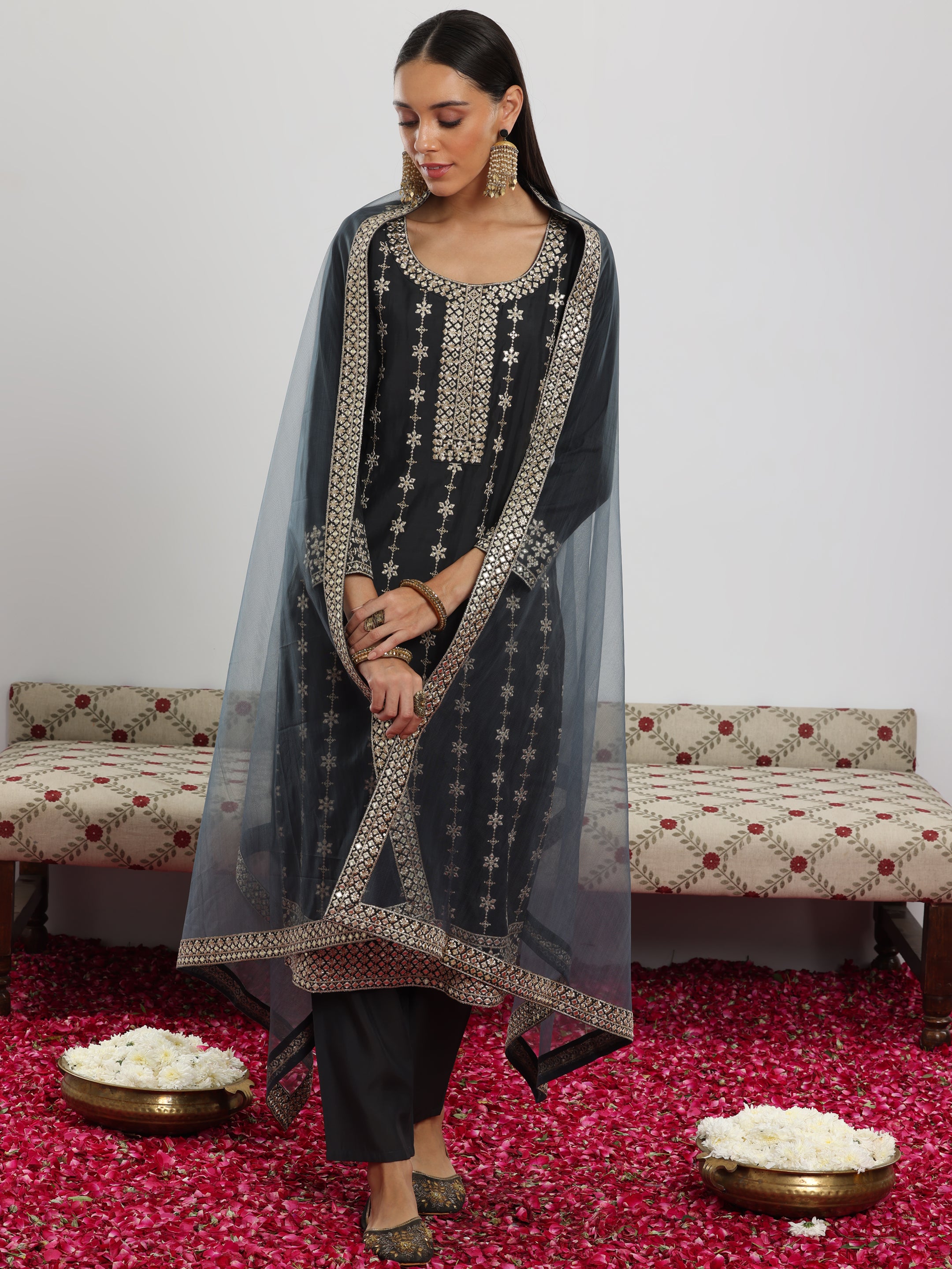 Grey Embroidered Silk Blend Straight Suit With Dupatta