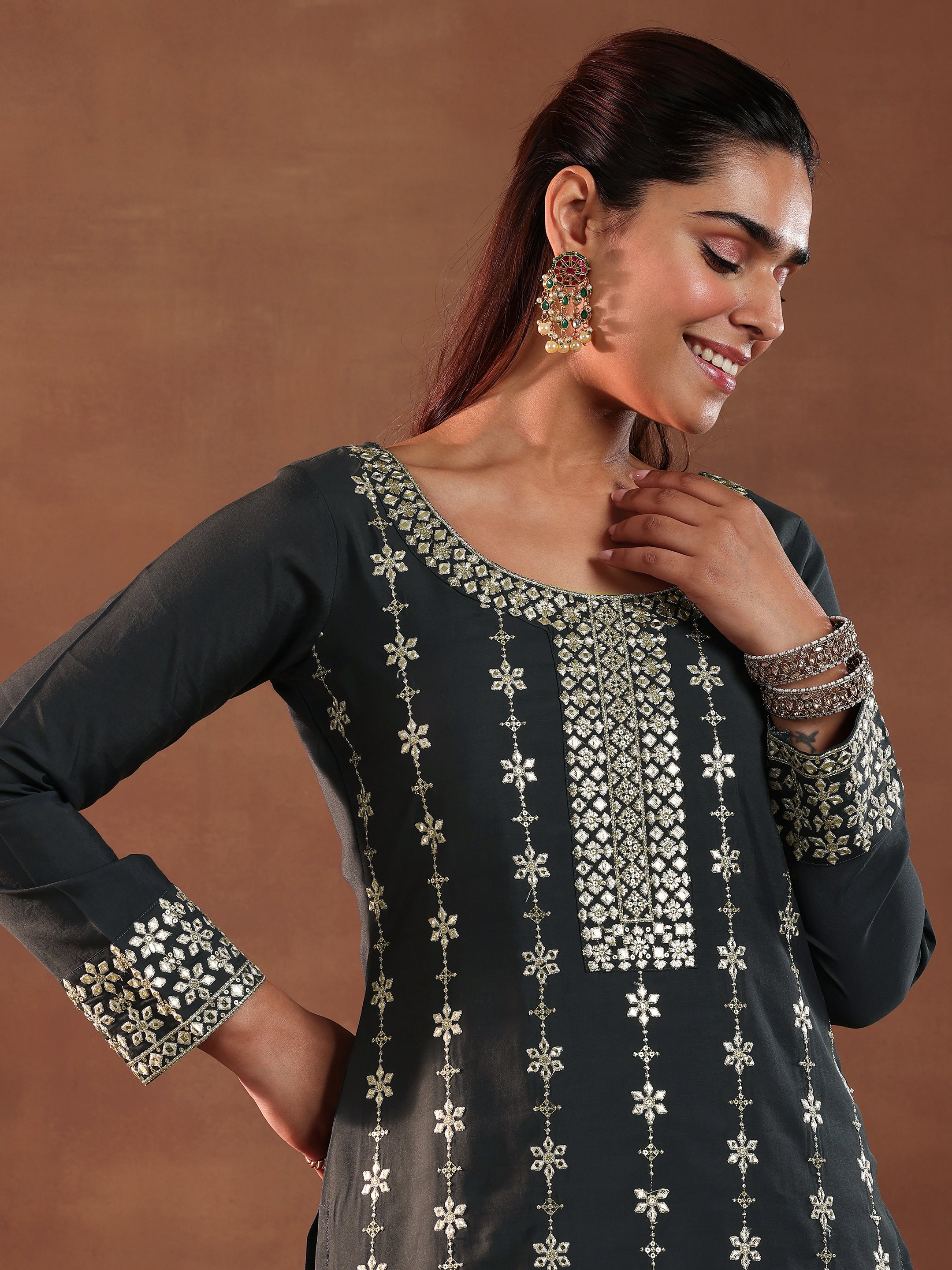 Grey Embroidered Silk Blend Straight Suit With Dupatta