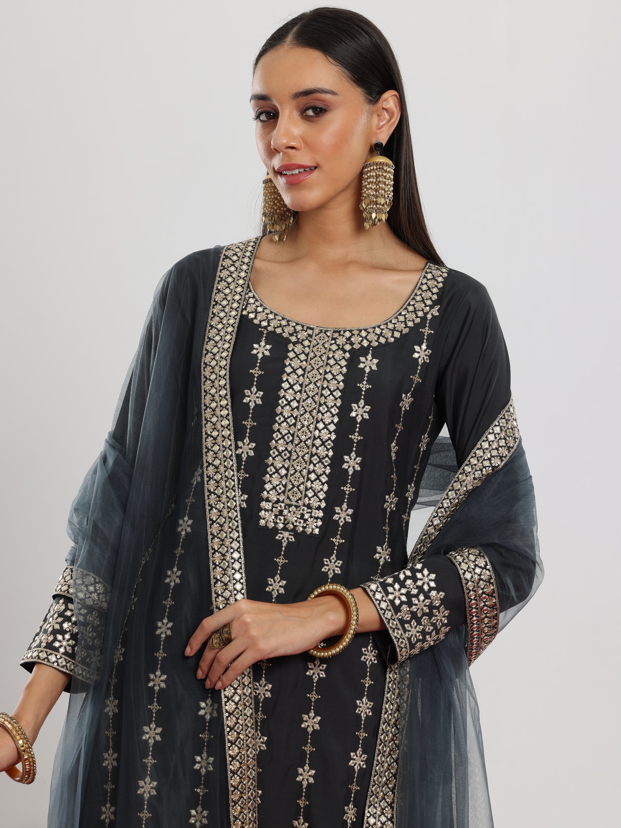 Grey Embroidered Silk Blend Straight Suit With Dupatta