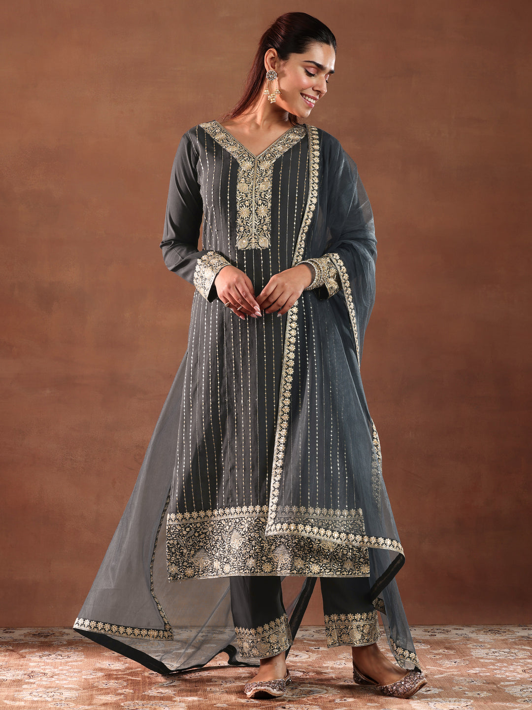 Grey Embroidered Silk Blend Straight Suit With Dupatta