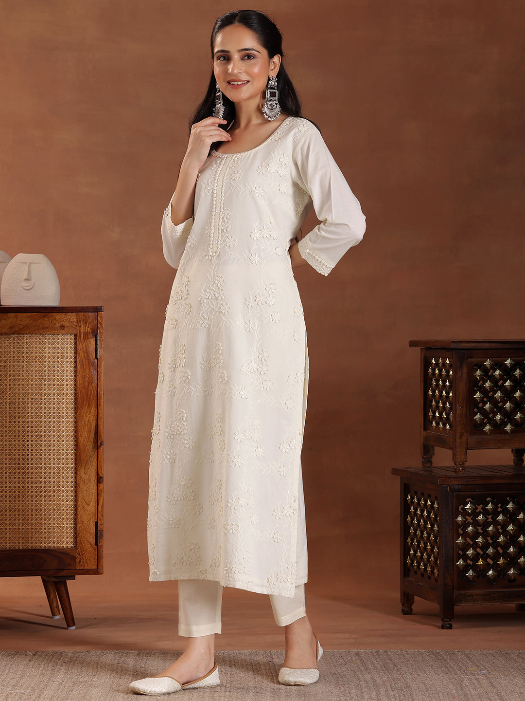 Off White Embroidered Cotton Straight Suit With Dupatta