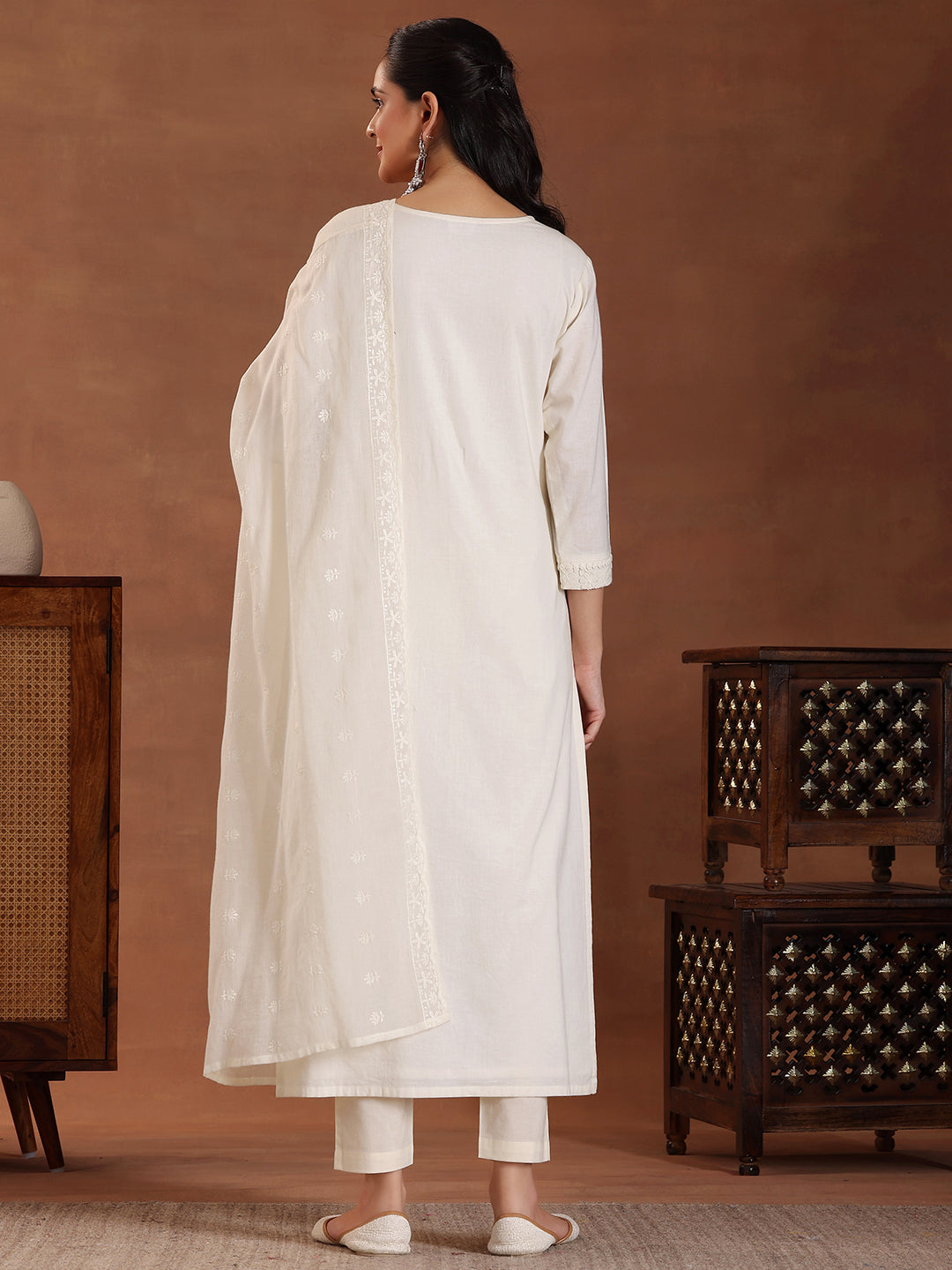 Off White Embroidered Cotton Straight Suit With Dupatta