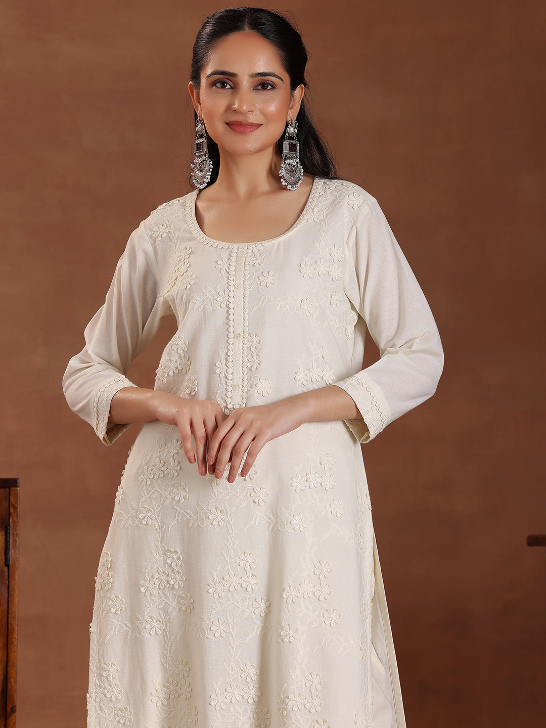 Off White Embroidered Cotton Straight Suit With Dupatta