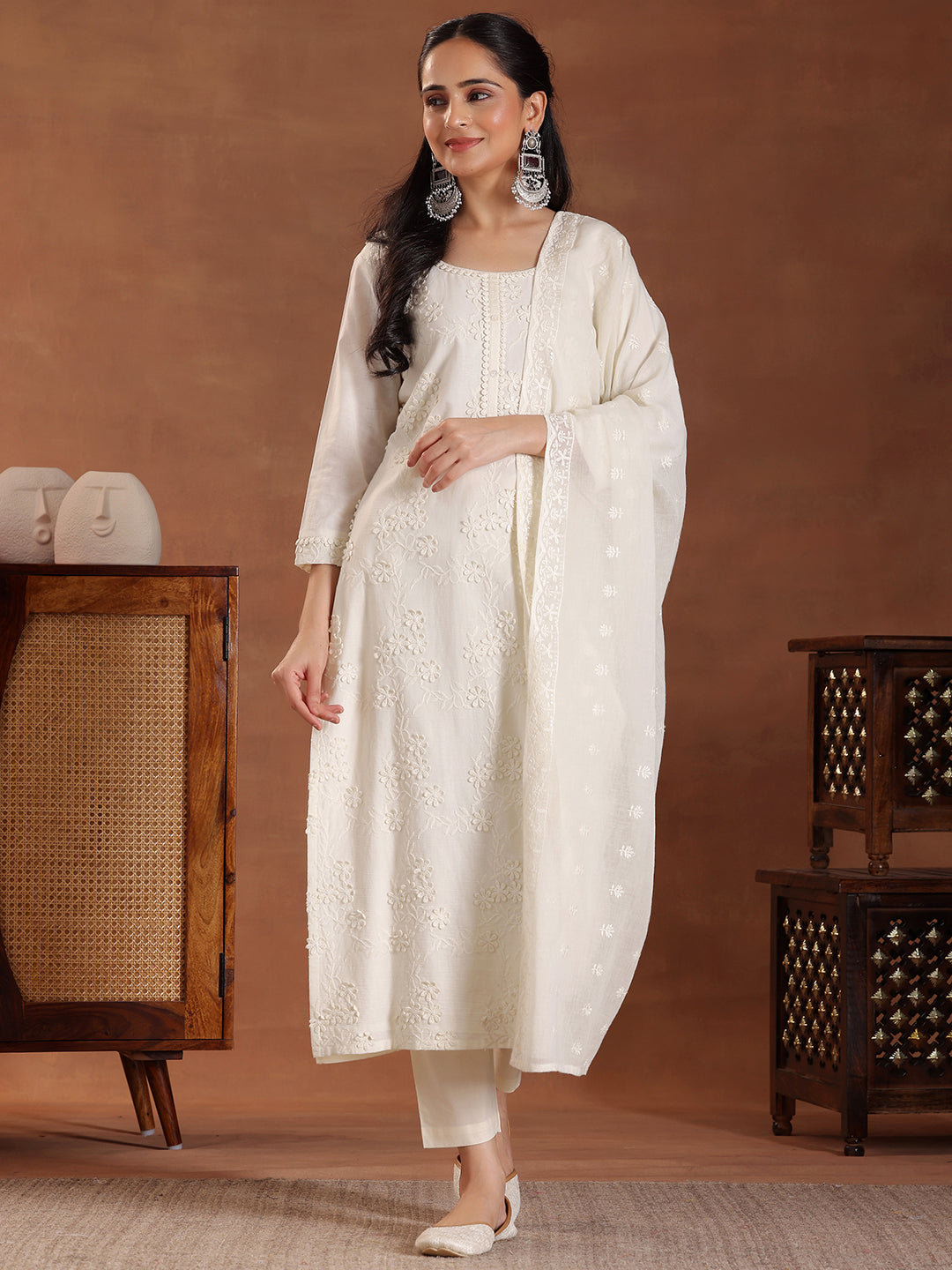 Off White Embroidered Cotton Straight Suit With Dupatta