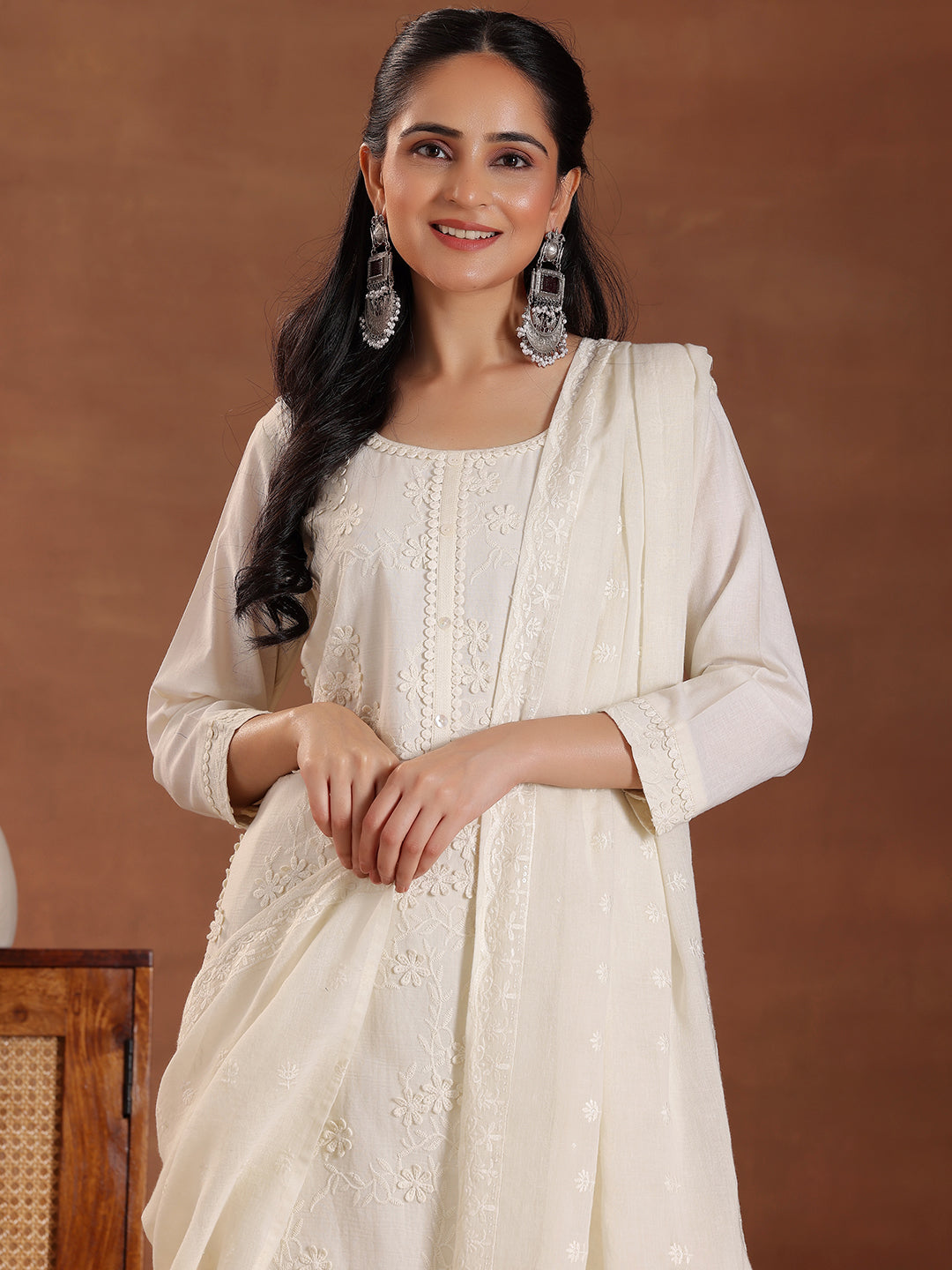 Off White Embroidered Cotton Straight Suit With Dupatta