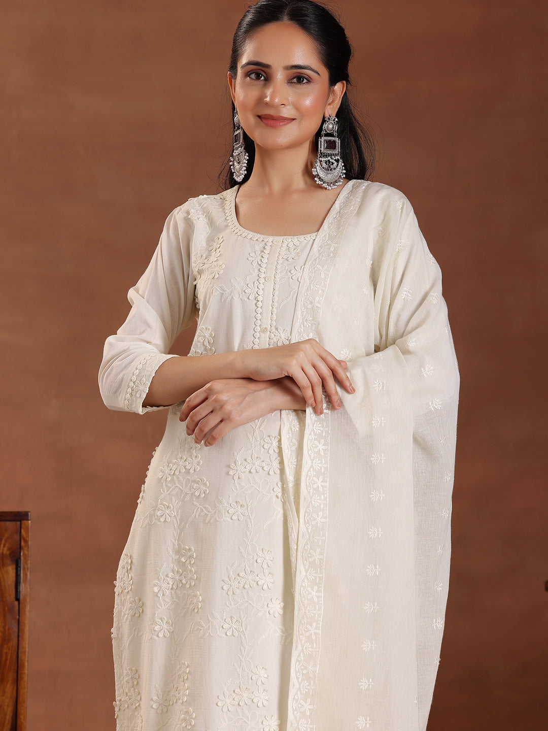 Off White Embroidered Cotton Straight Suit With Dupatta