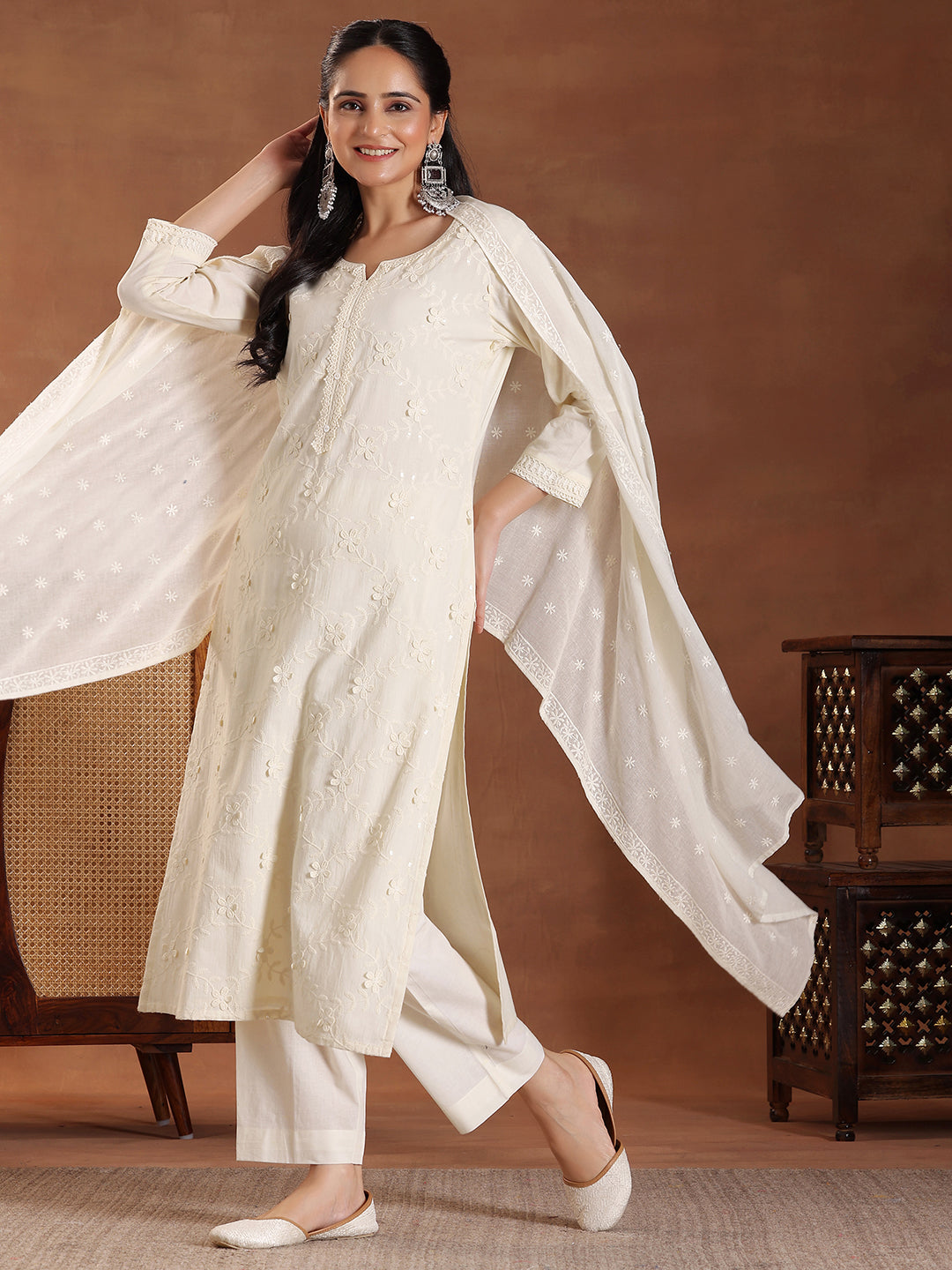 Off White Embroidered Cotton Straight Suit With Dupatta