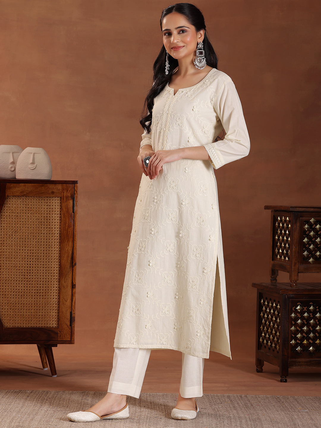 Off White Embroidered Cotton Straight Suit With Dupatta