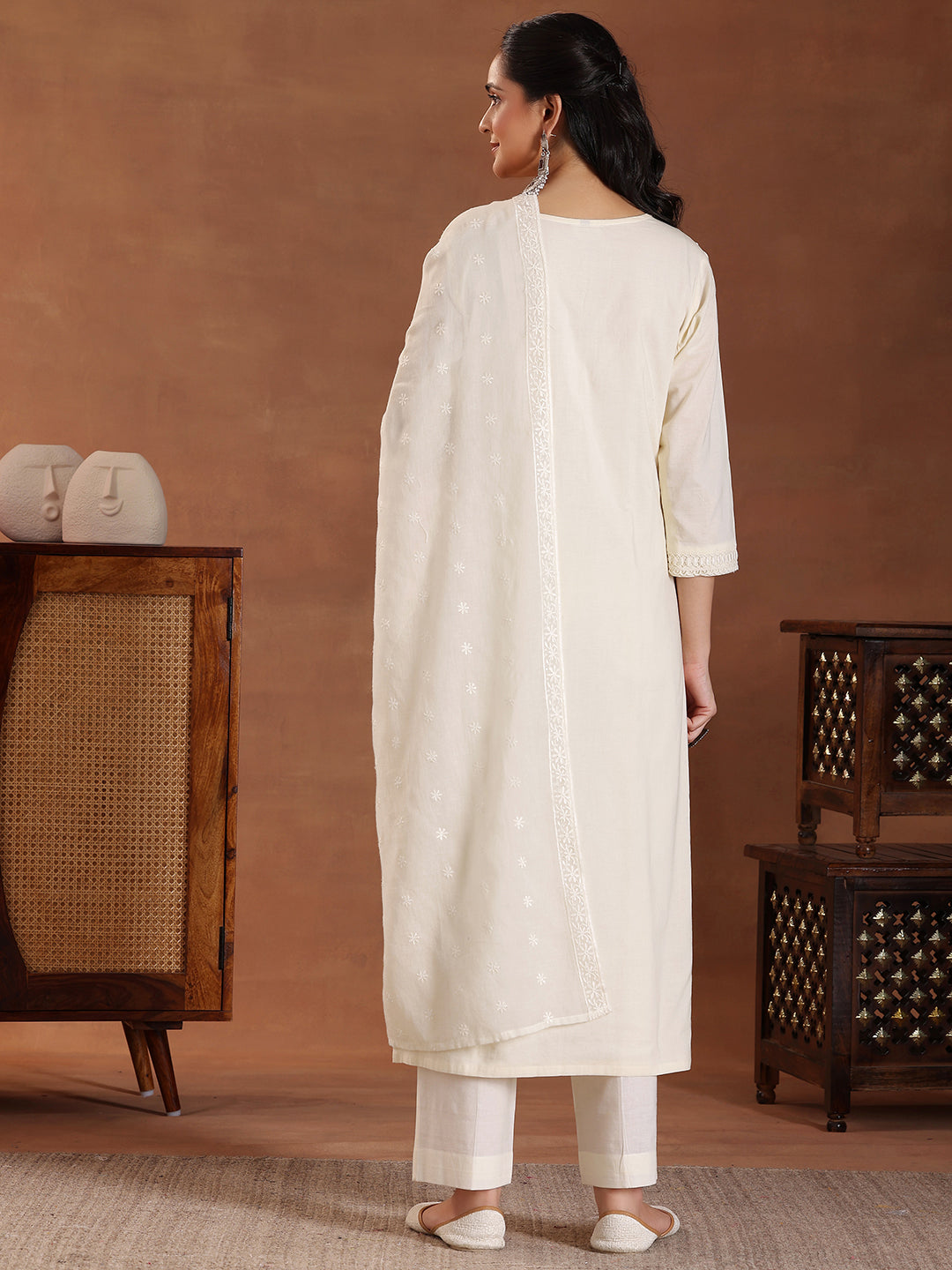 Off White Embroidered Cotton Straight Suit With Dupatta