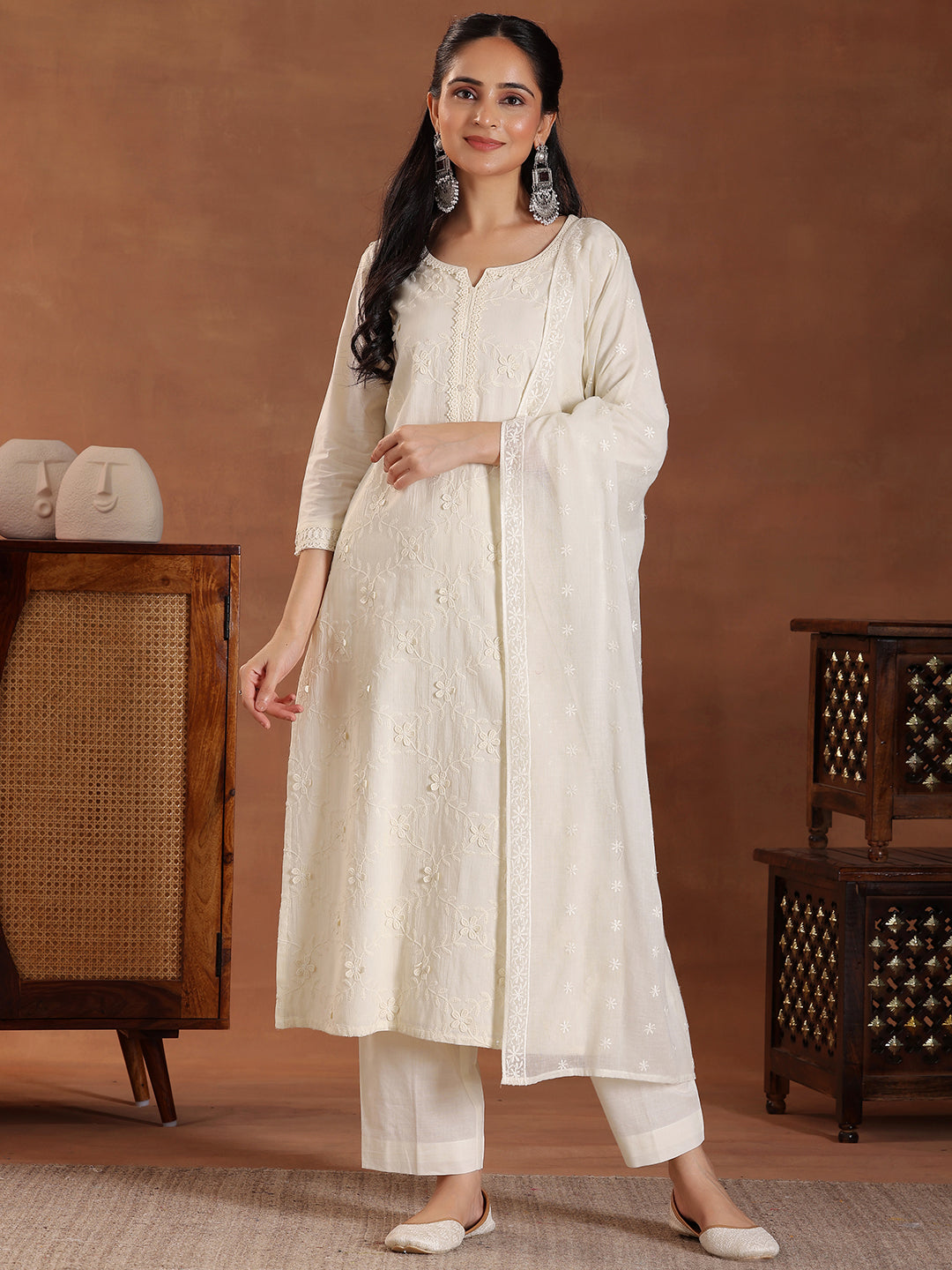 Off White Embroidered Cotton Straight Suit With Dupatta